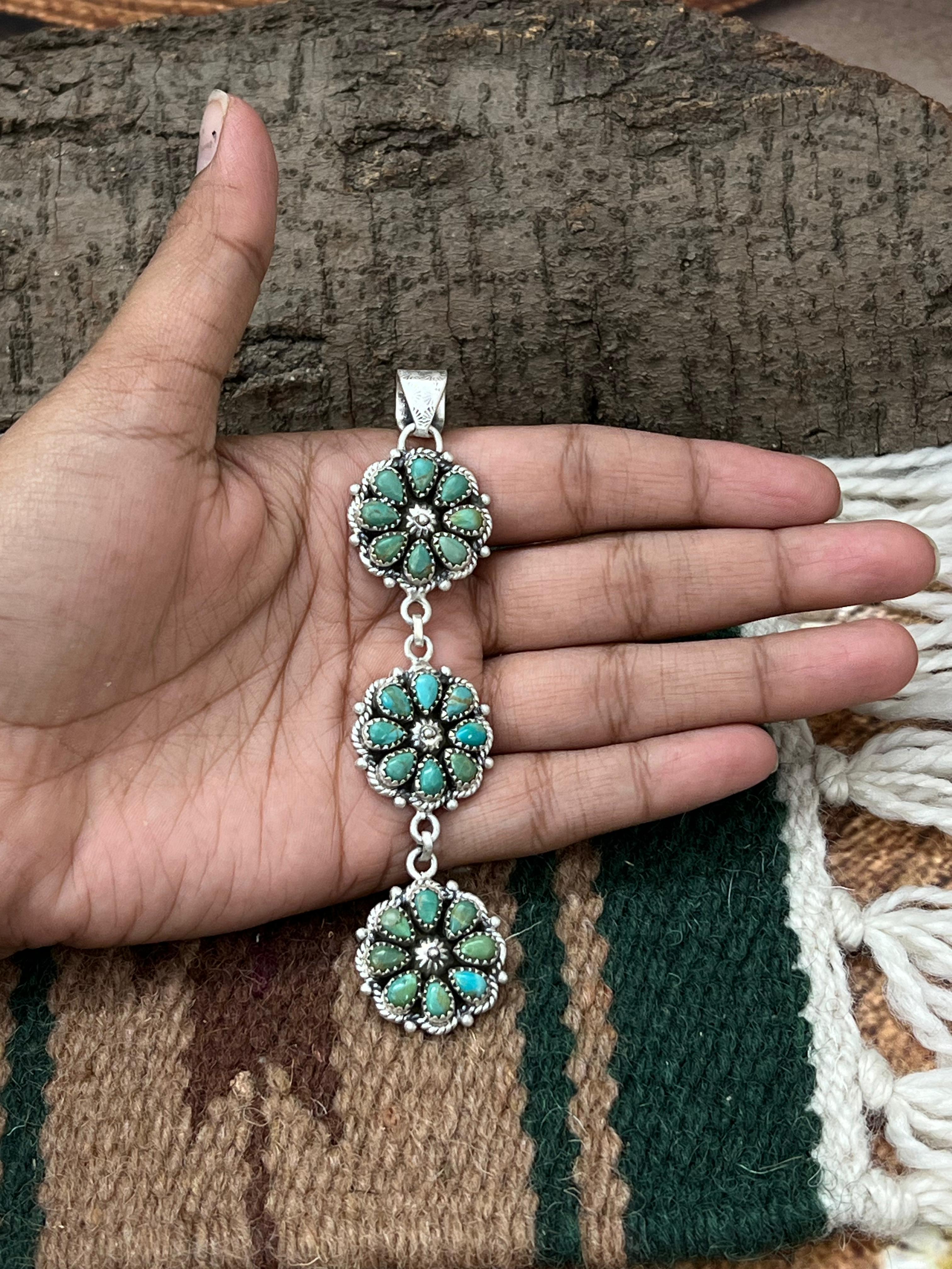 Handmade Sterling Silver Kingman Turquoise Pendant with Signed Nizhoni