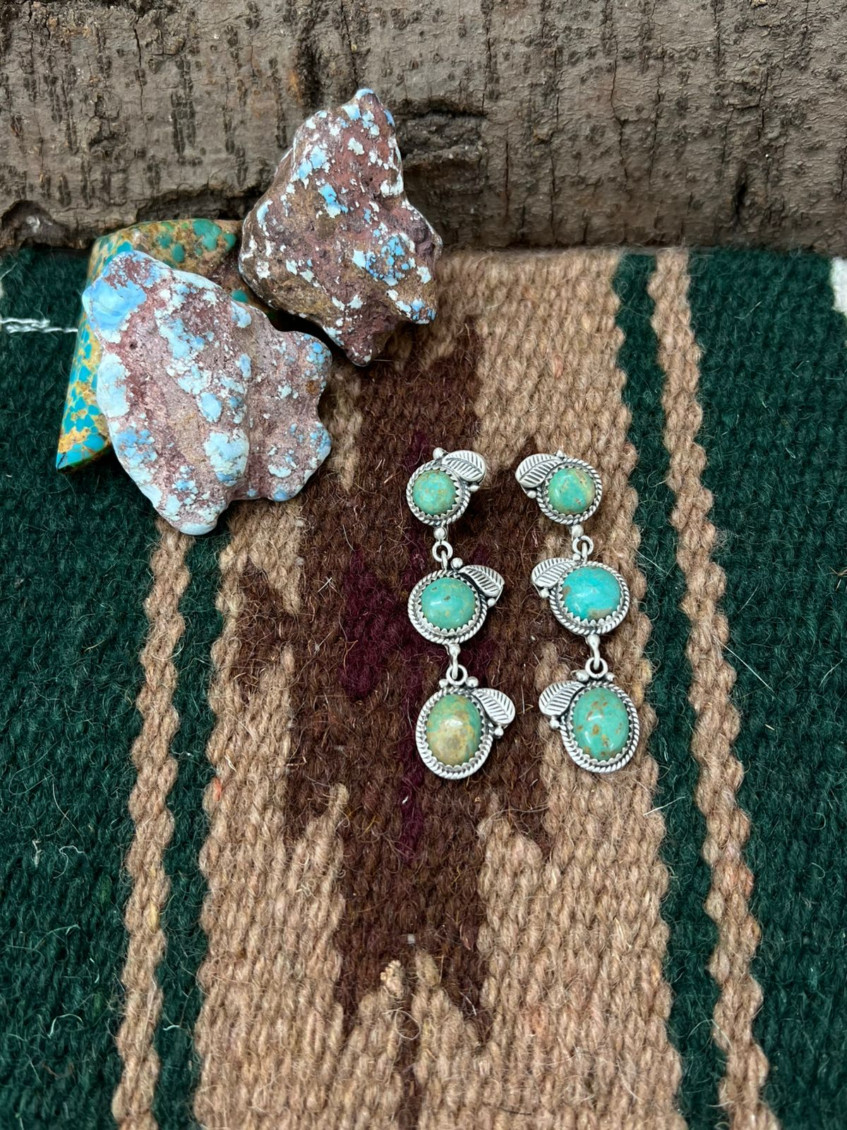 Handmade Sterling Silver Old Stock Royston Turquoise Post Dangle Earrings with Signed Nizhoni