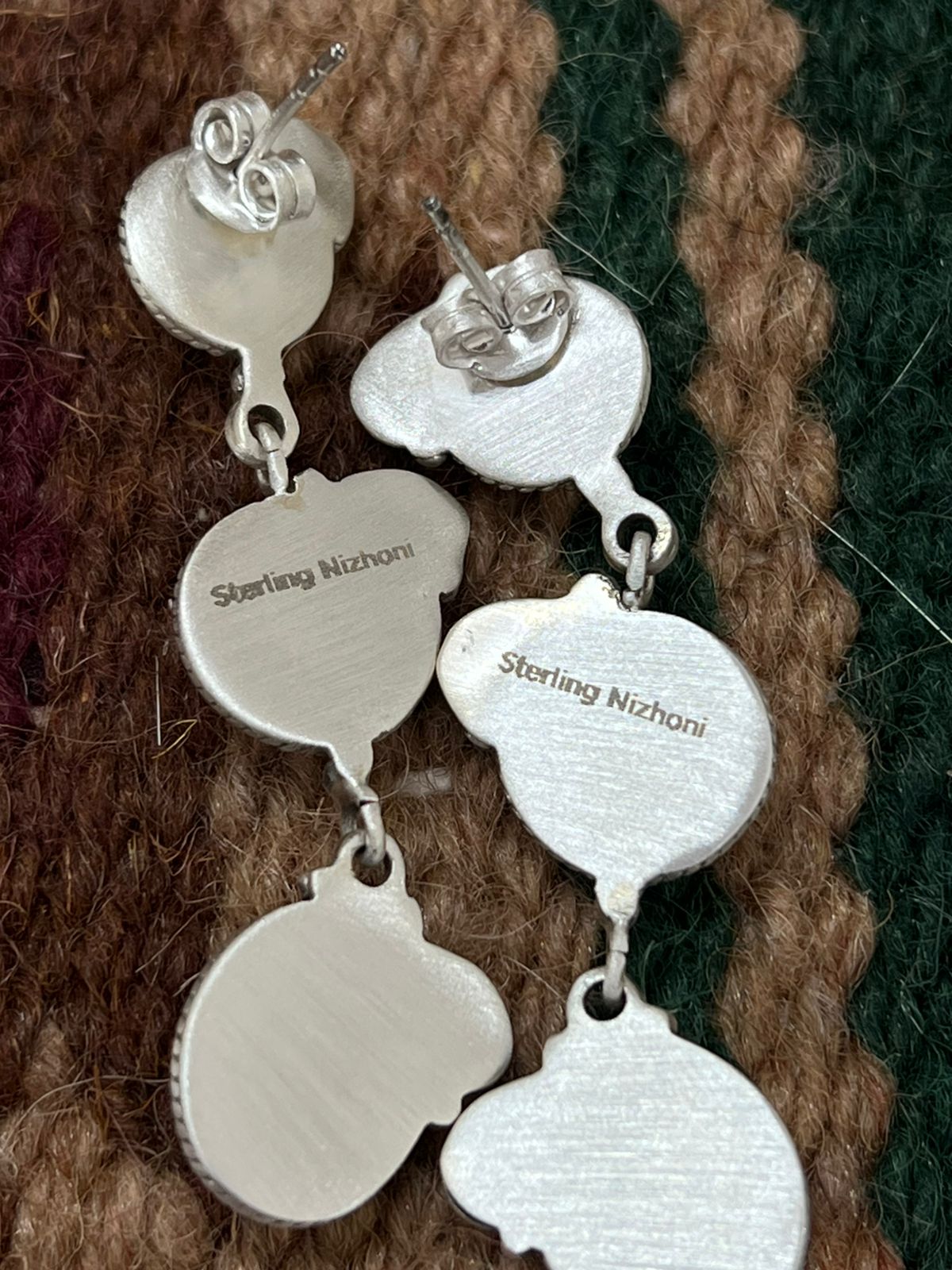 Handmade Sterling Silver Old Stock Royston Turquoise Post Dangle Earrings with Signed Nizhoni