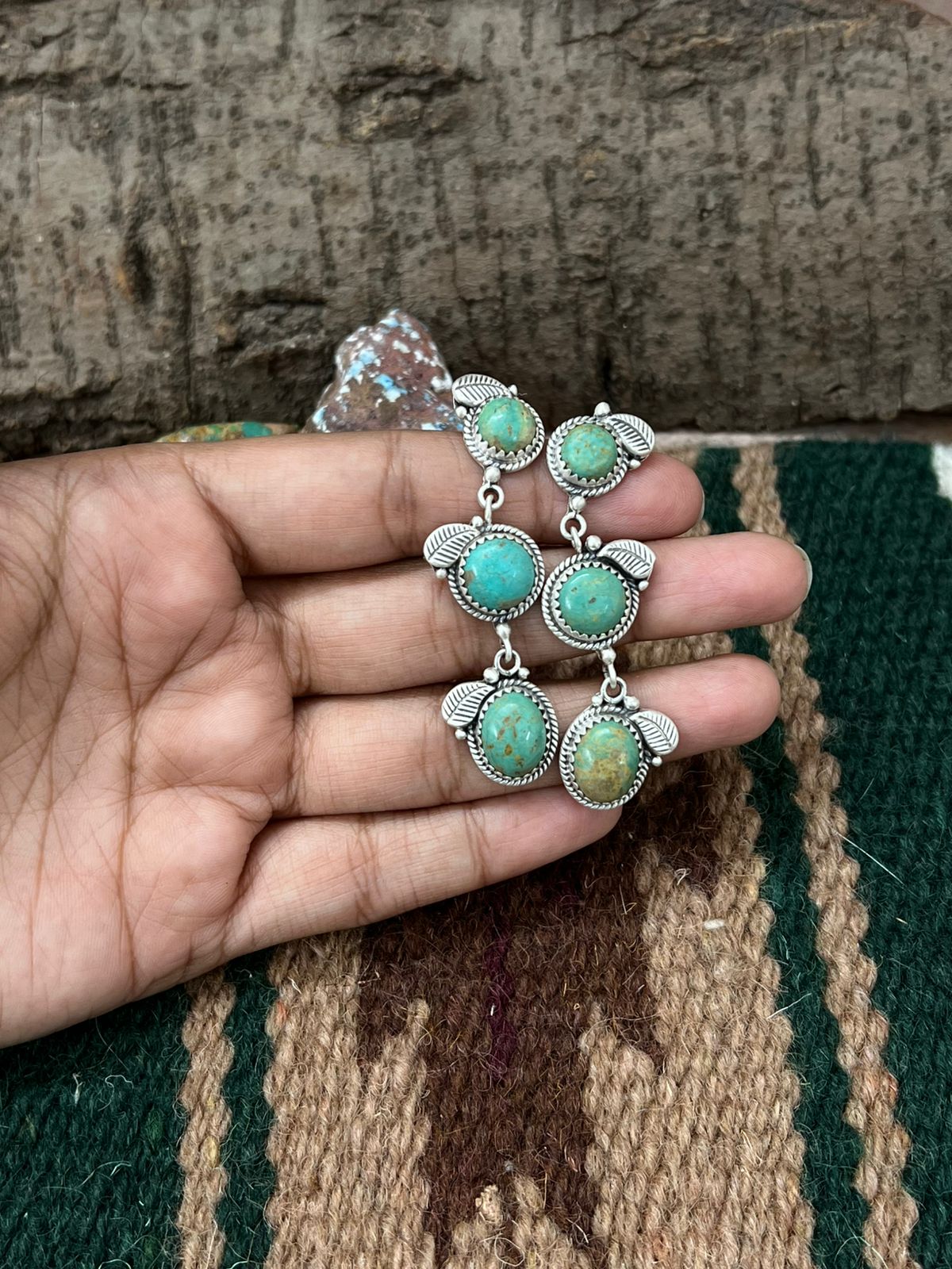 Handmade Sterling Silver Old Stock Royston Turquoise Post Dangle Earrings with Signed Nizhoni