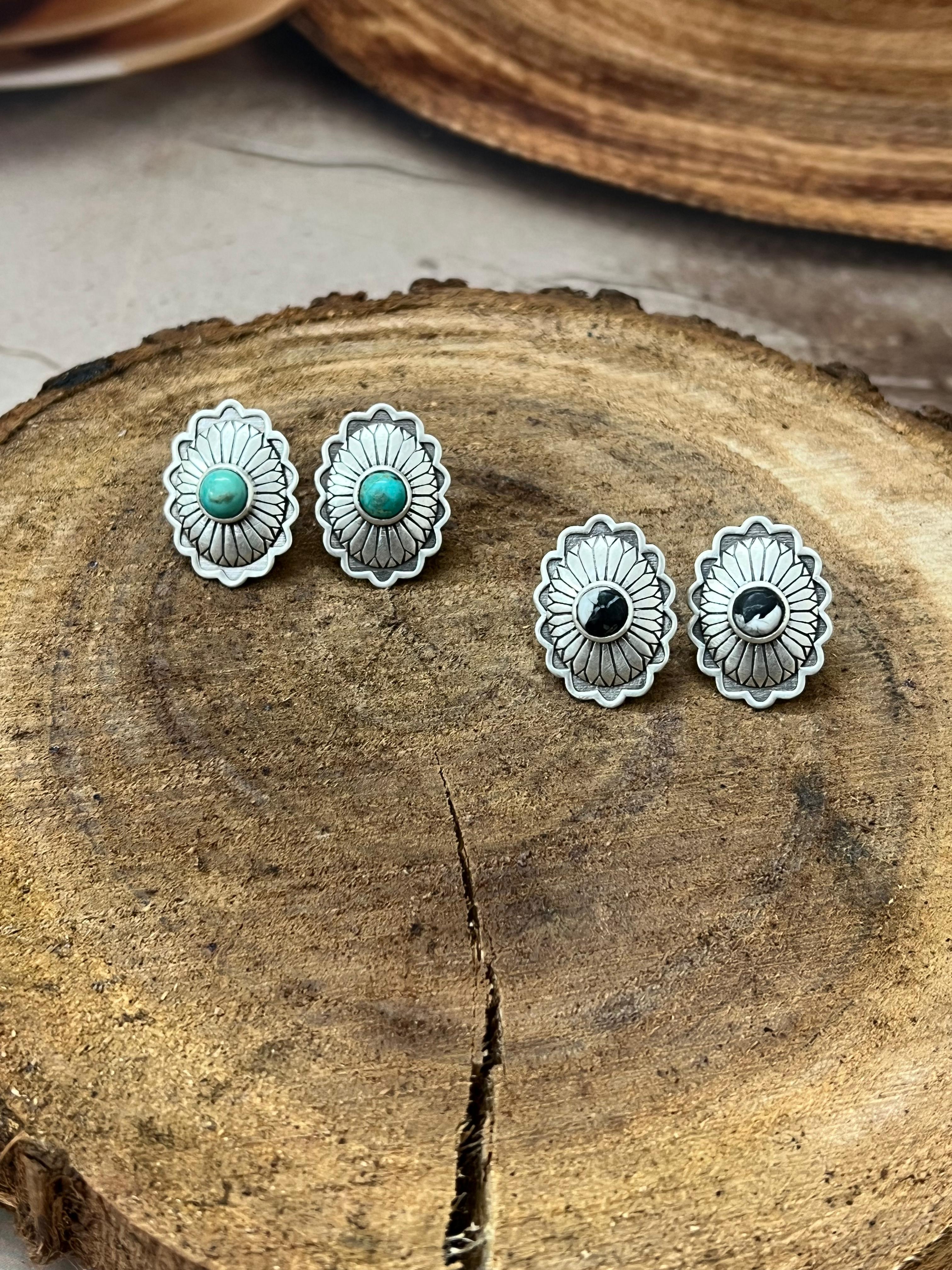 Handmade Sterling Silver Kingman Turquoise, White Buffalo Post Stud Earrings with Signed Nizhoni
