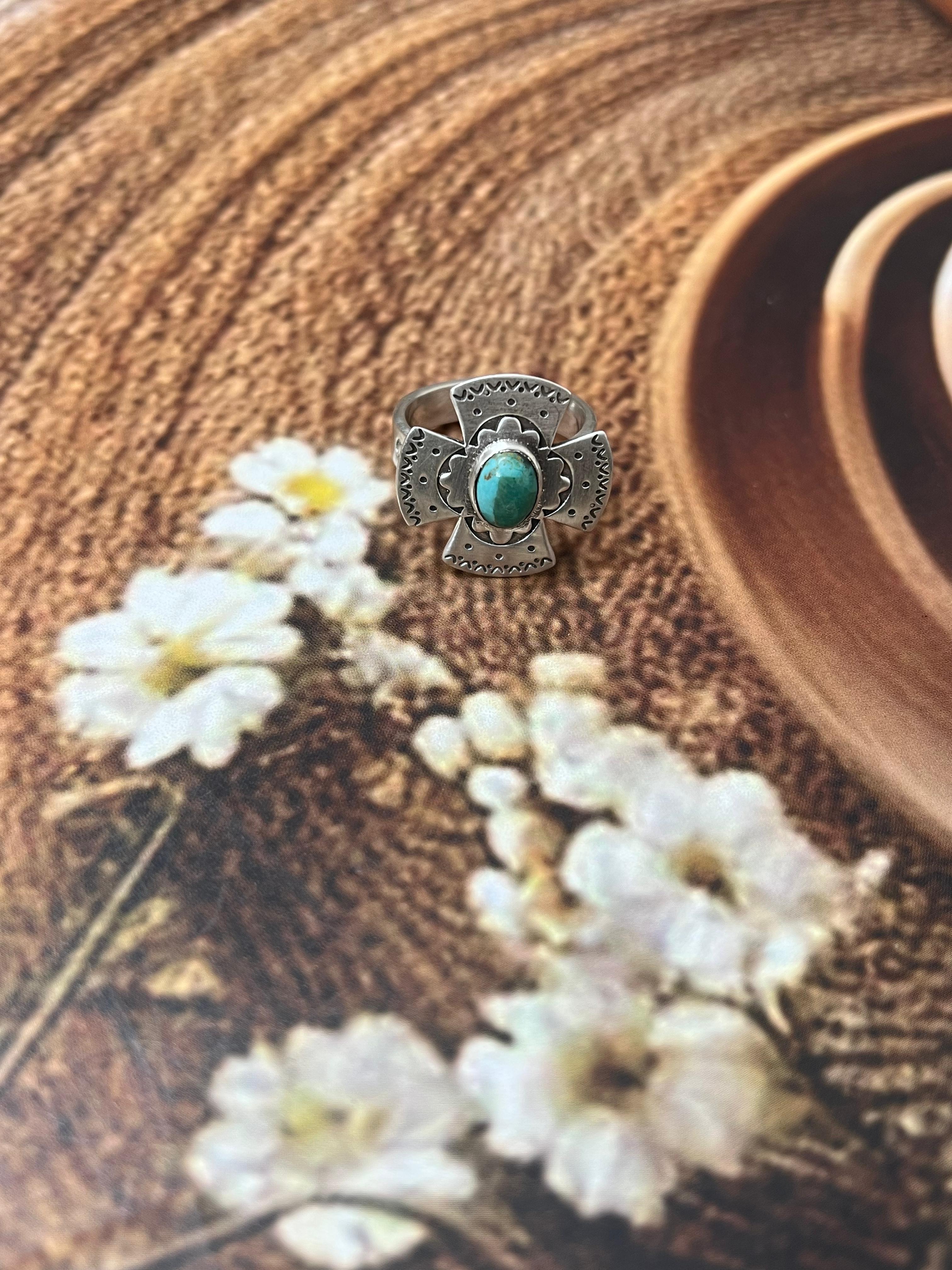 Handmade Sterling Silver Kingman Turquoise Adjustable Rings with Signed Nizhoni