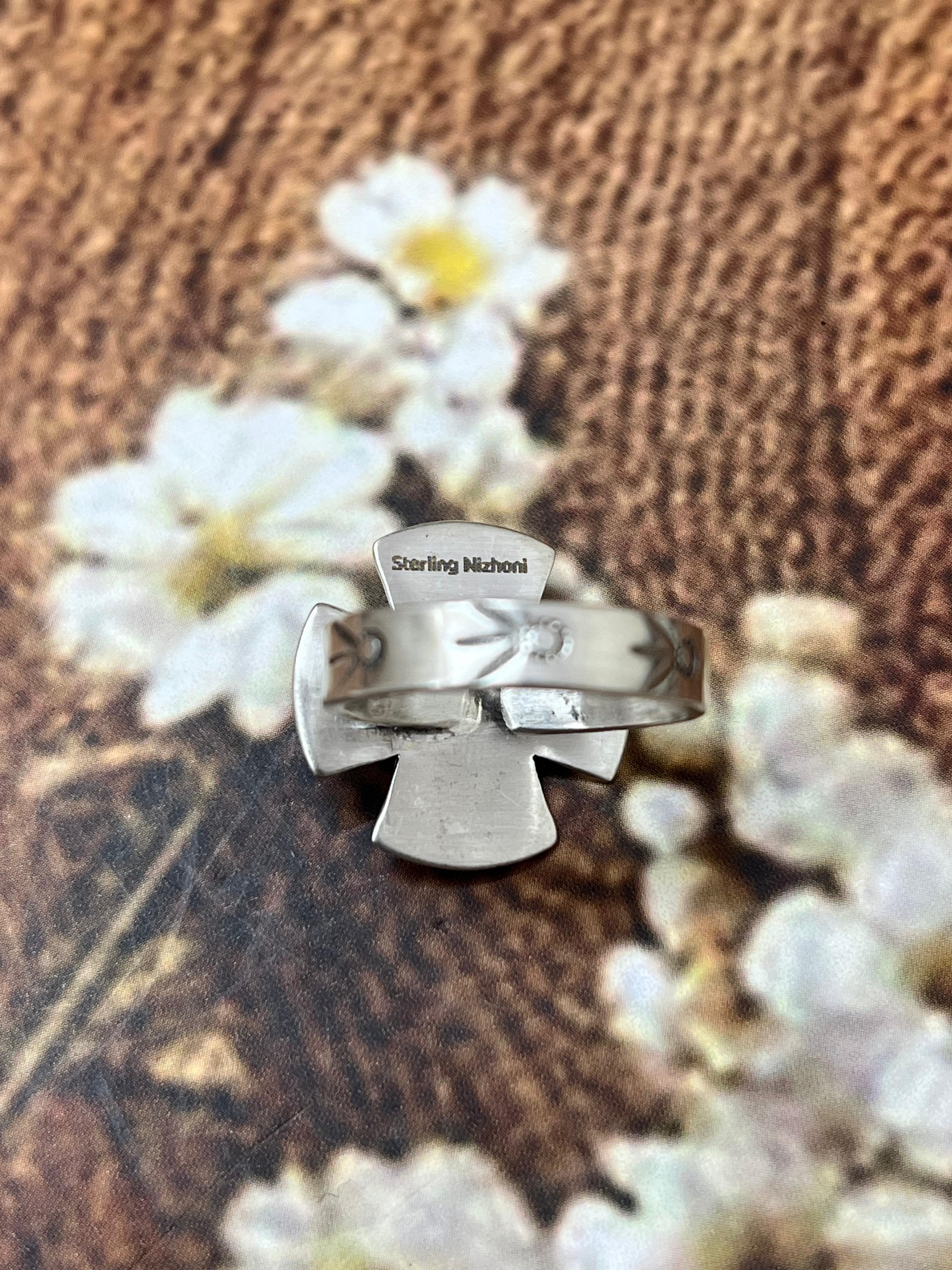 Handmade Sterling Silver Kingman Turquoise Cross Adjustable Rings with Signed Nizhoni