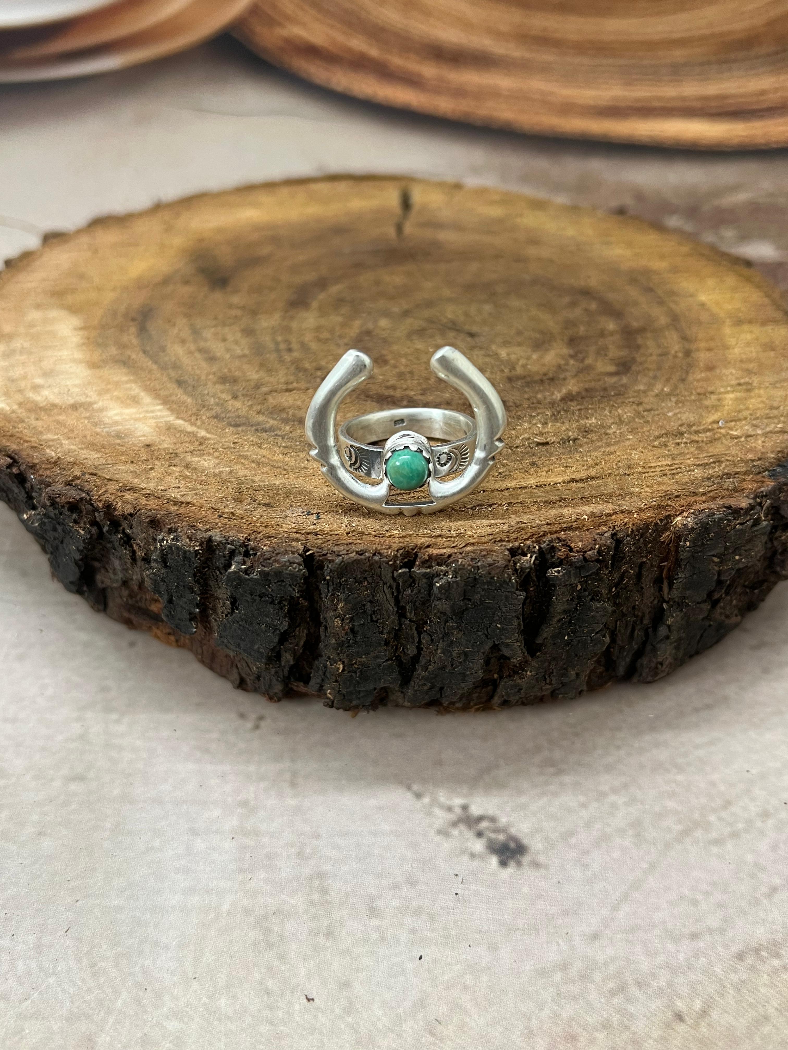 Handmade Sterling Silver Kingman Turquoise Adjustable Rings with Signed Nizhoni