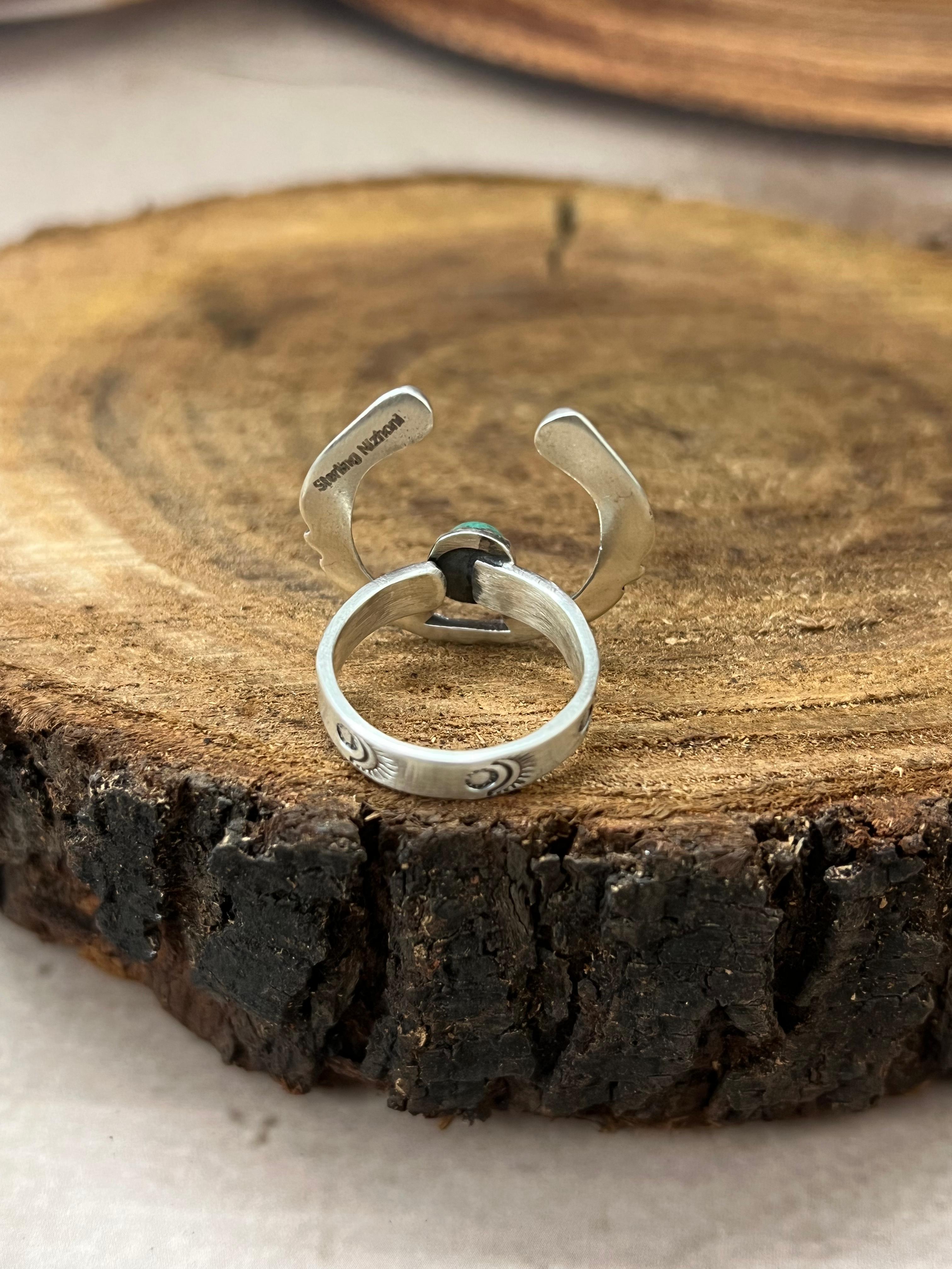 Handmade Sterling Silver Kingman Turquoise Adjustable Rings with Signed Nizhoni