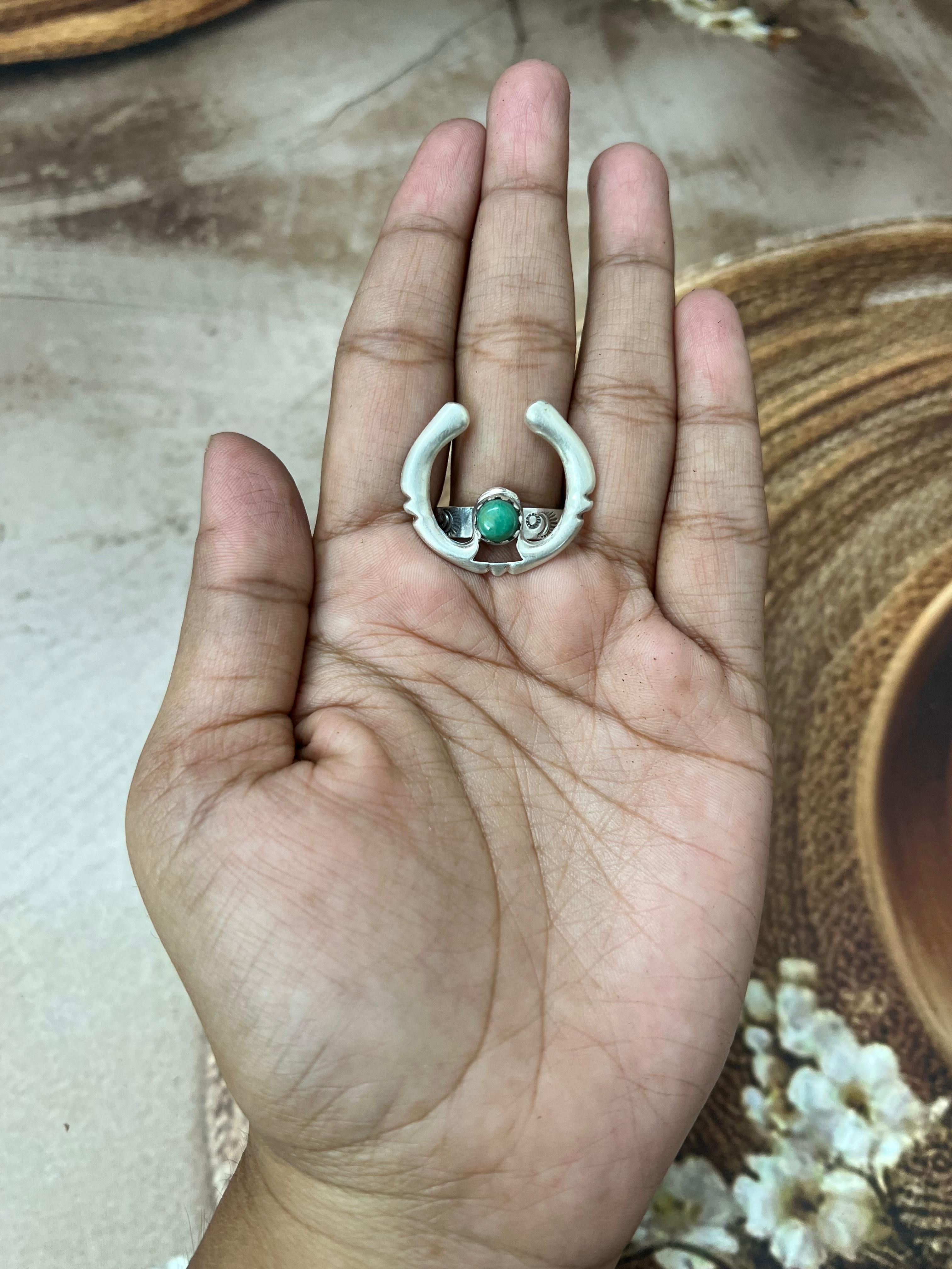 Handmade Sterling Silver Kingman Turquoise Adjustable Rings with Signed Nizhoni