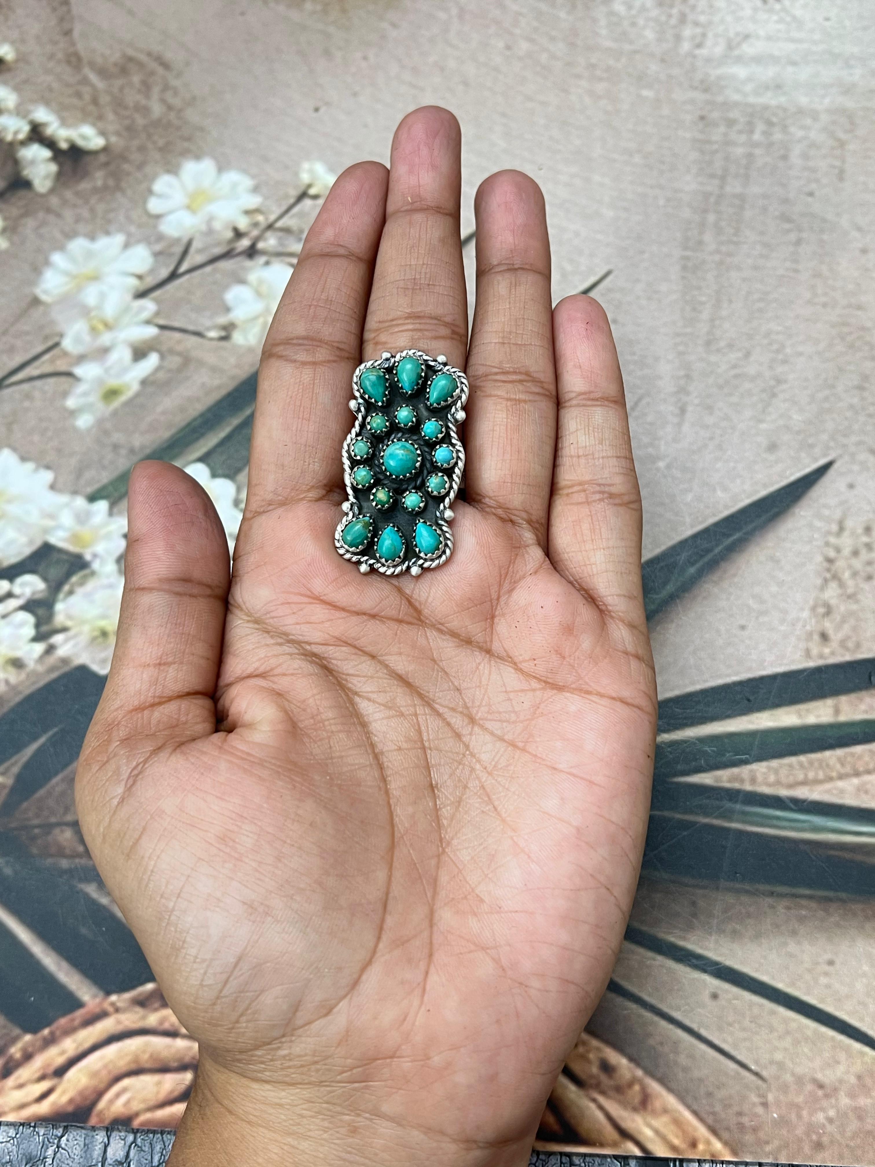 Handmade Sterling Silver Kingman Turquoise Adjustable Rings with Signed Nizhoni