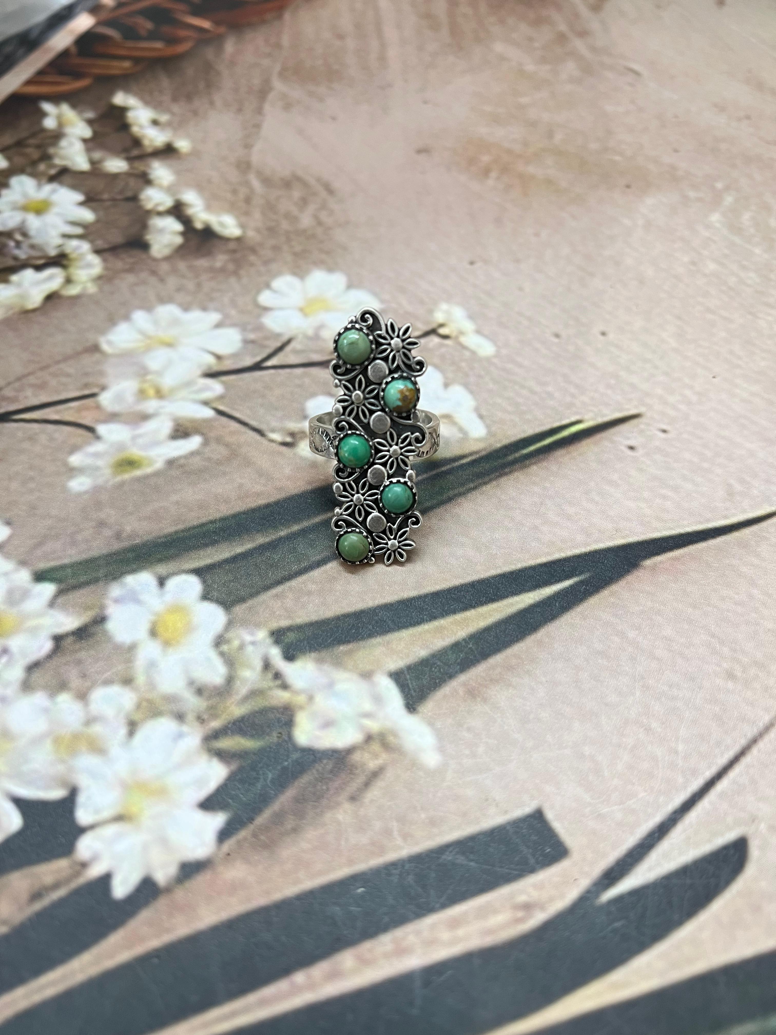 Handmade Sterling Silver Kingman Turquoise Adjustable Rings with Signed Nizhoni