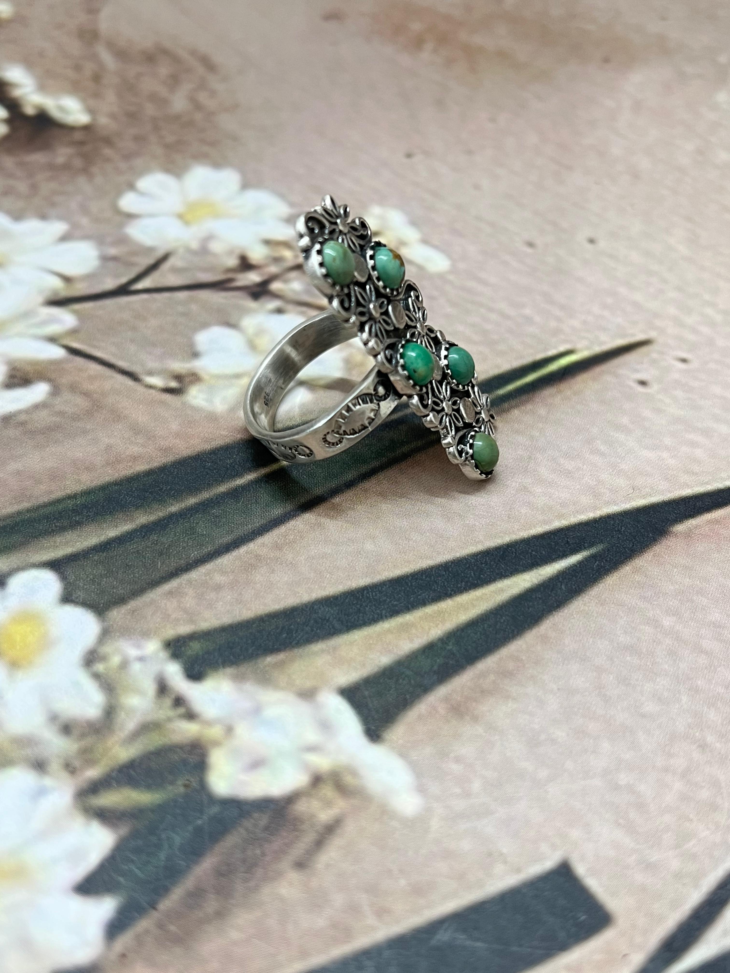 Handmade Sterling Silver Kingman Turquoise Adjustable Rings with Signed Nizhoni