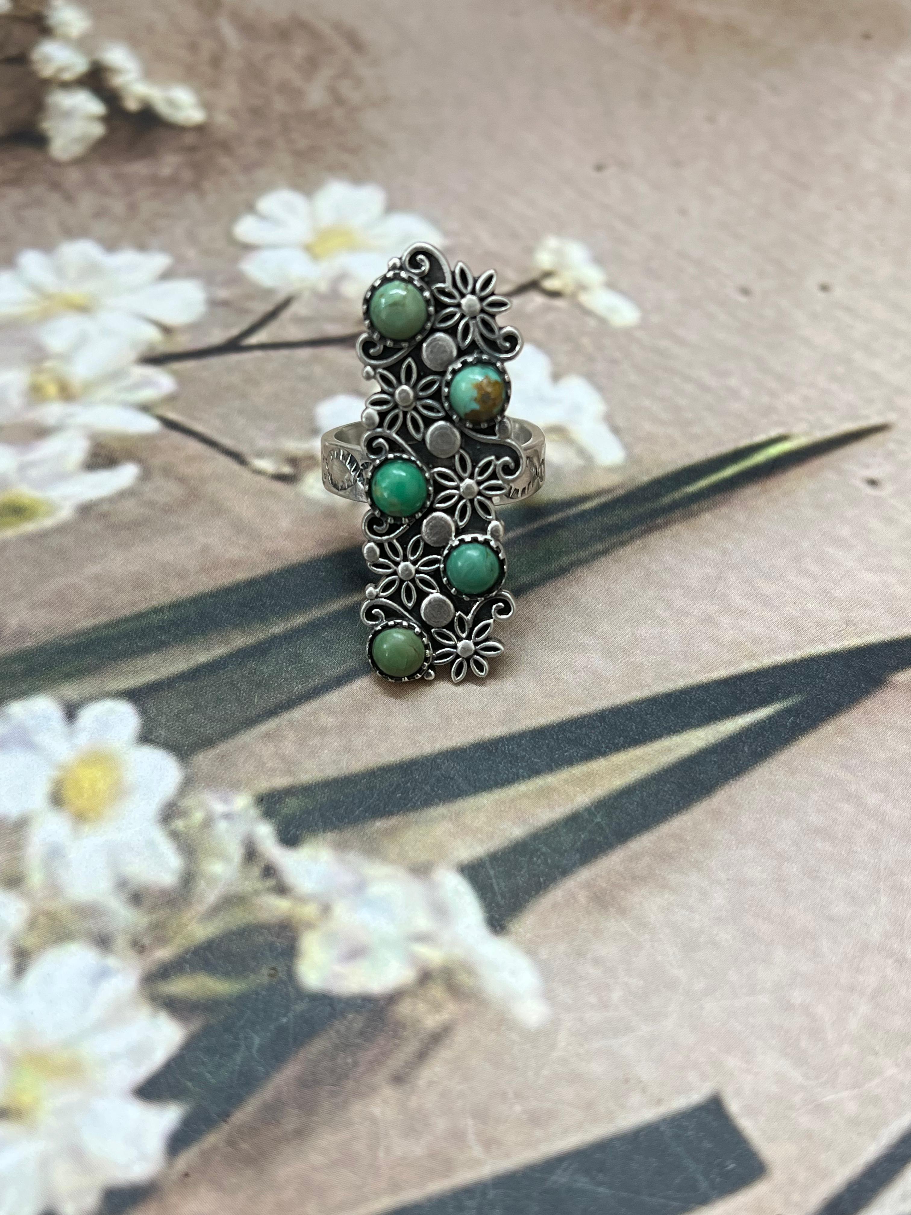 Handmade Sterling Silver Kingman Turquoise Adjustable Rings with Signed Nizhoni