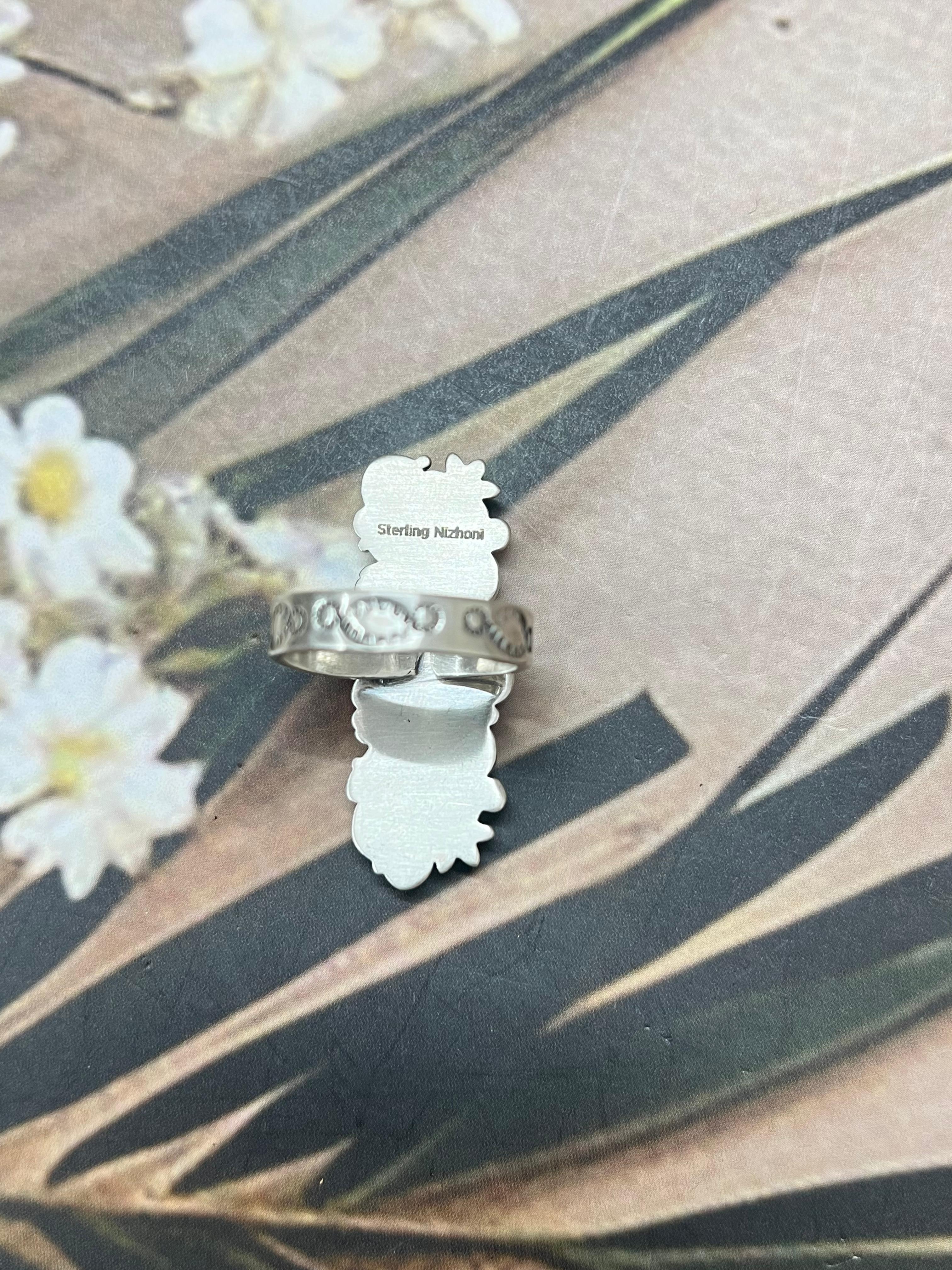 Handmade Sterling Silver Kingman Turquoise Adjustable Rings with Signed Nizhoni