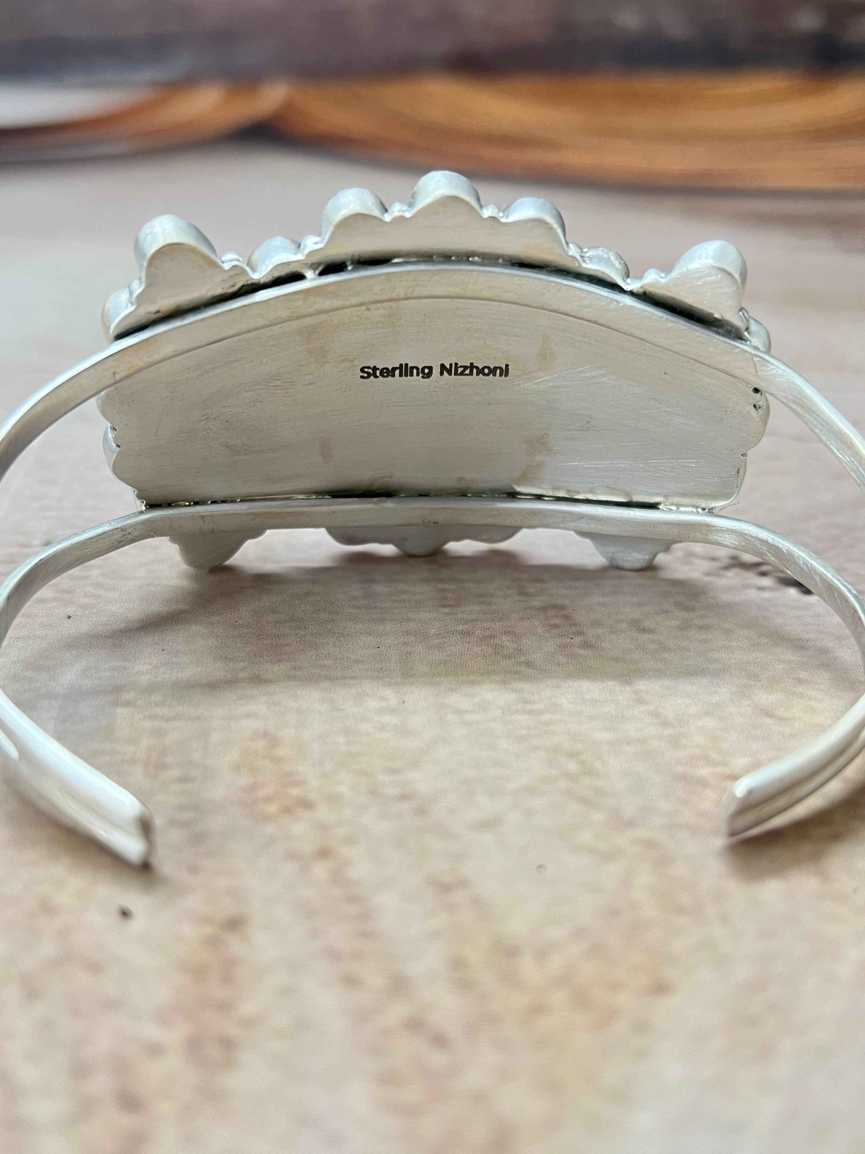 Handmade Sterling Silver Kingman Turquoise Bracelet with Signed Nizhoni