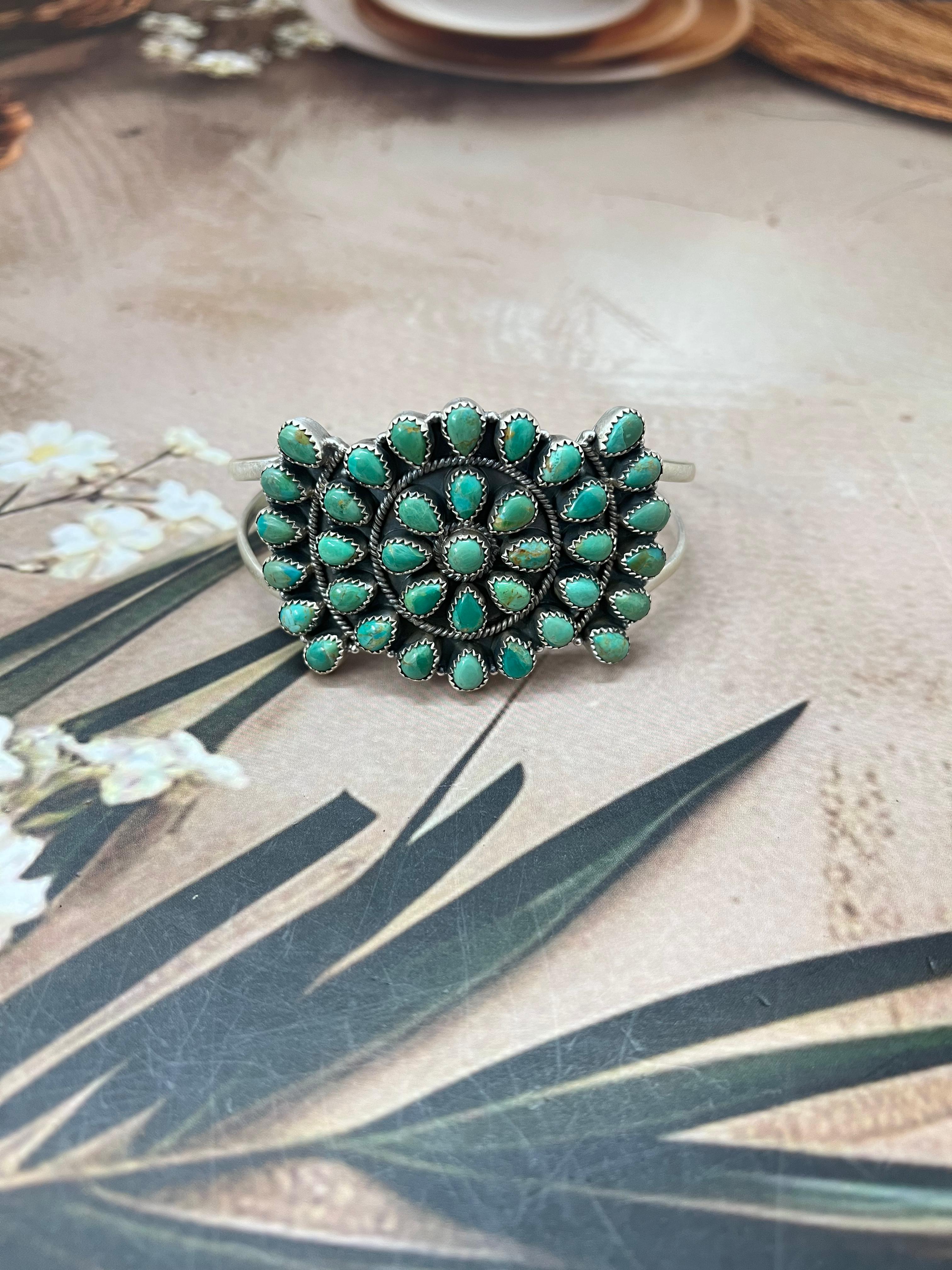 Handmade Sterling Silver Kingman Turquoise Bracelet with Signed Nizhoni