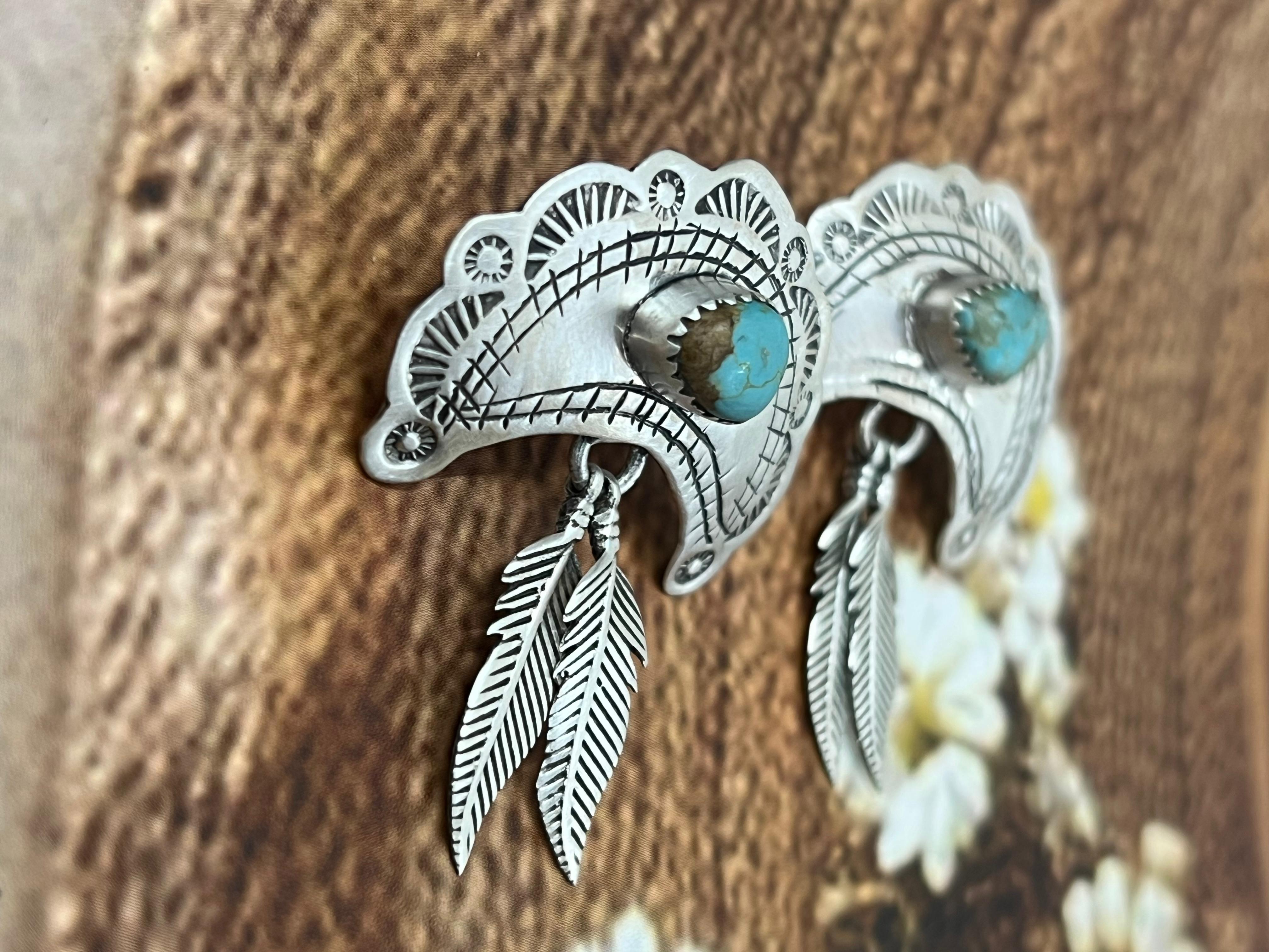 Handmade Sterling Silver Number 8 Turquoise Post Dangle Earrings with Signed Nizhoni