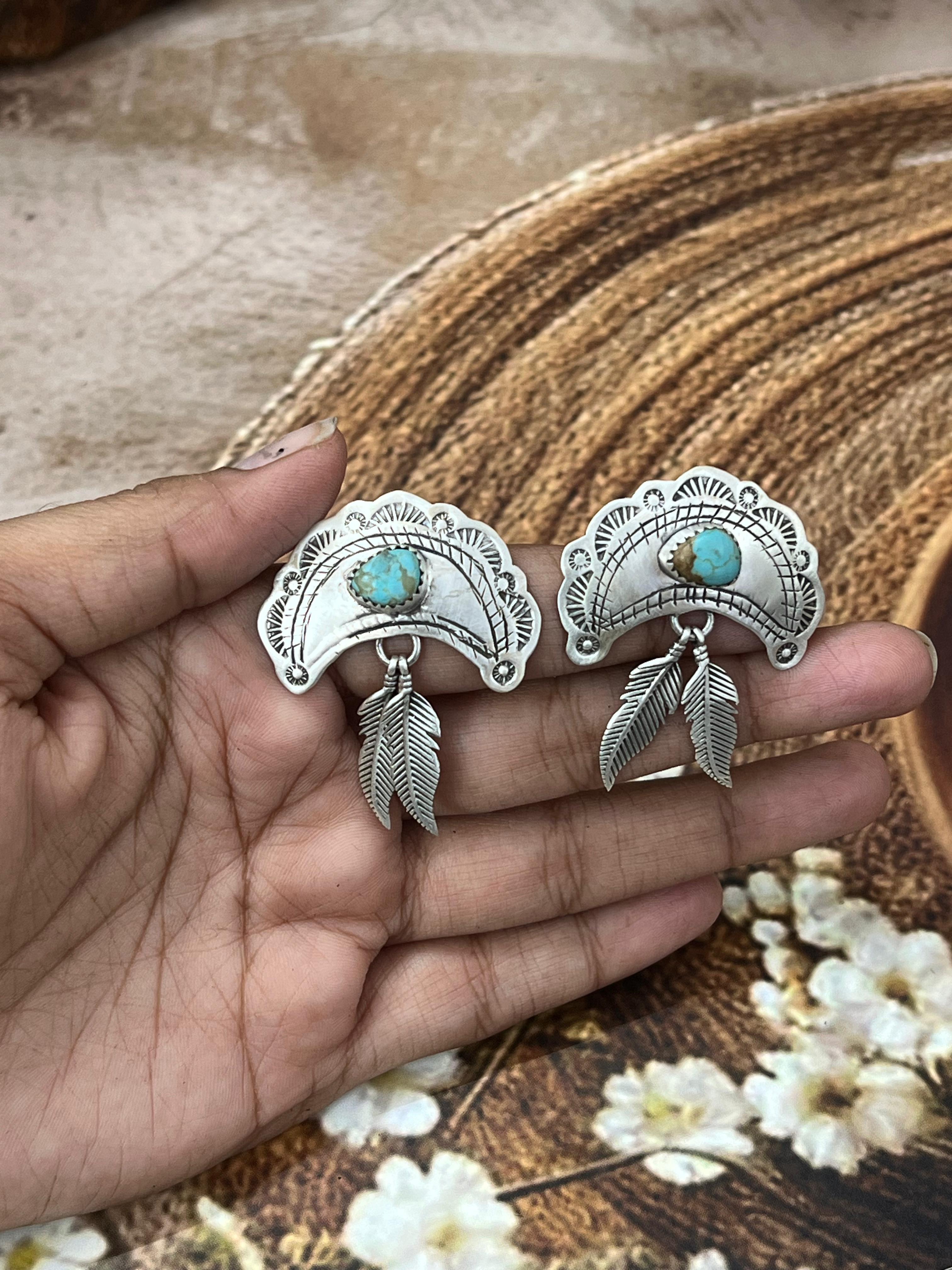 Handmade Sterling Silver Number 8 Turquoise Post Dangle Earrings with Signed Nizhoni