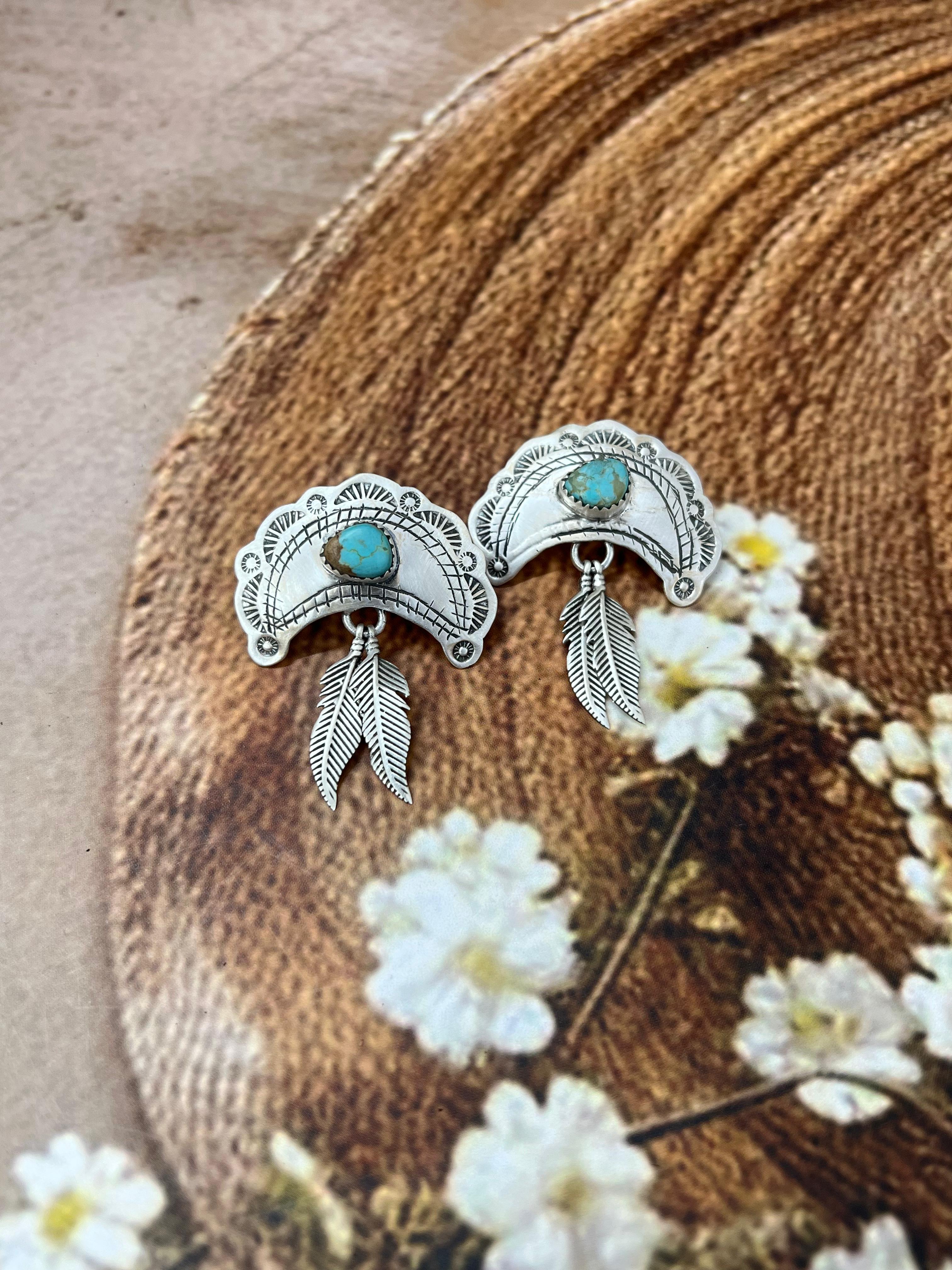 Handmade Sterling Silver Number 8 Turquoise Post Dangle Earrings with Signed Nizhoni