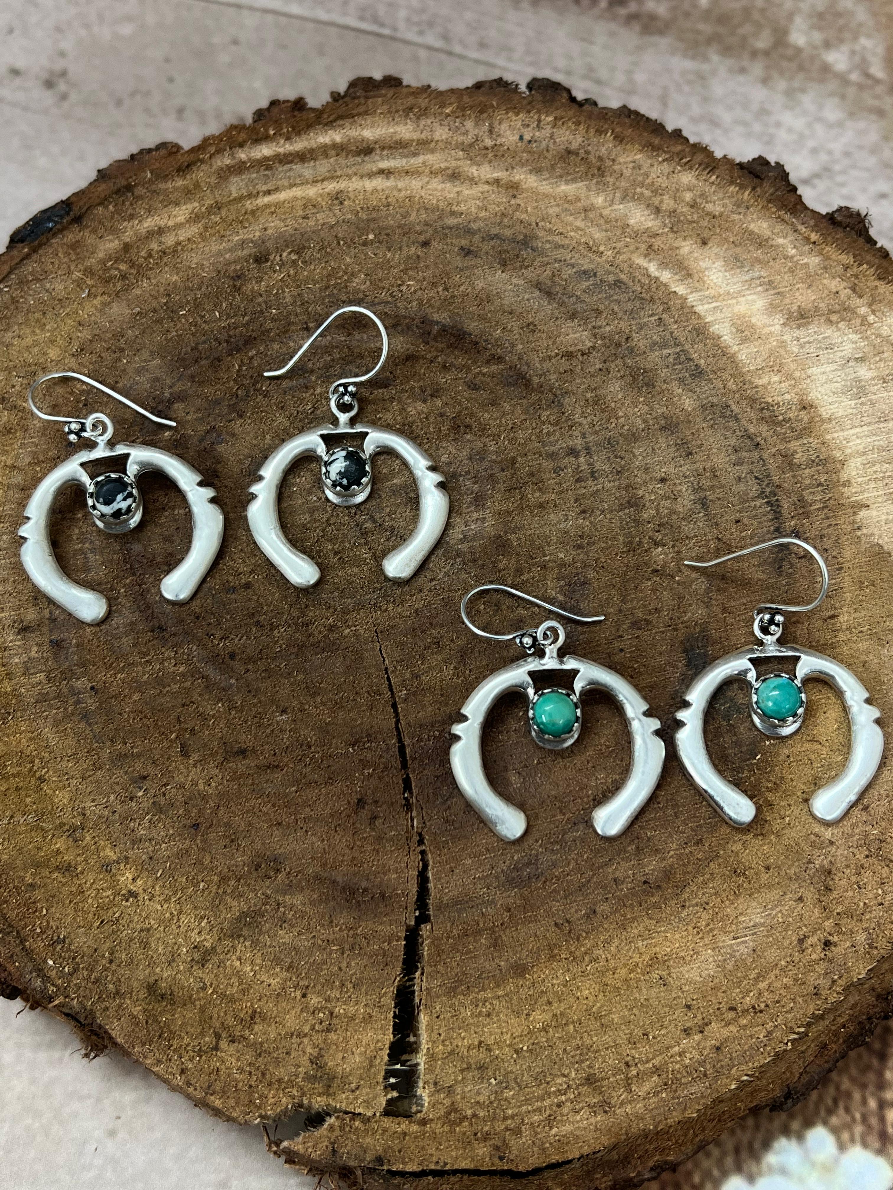 Handmade Sterling Silver Kingman Turquoise, White Buffalo Naja Post Dangle Earrings with Signed Nizhoni