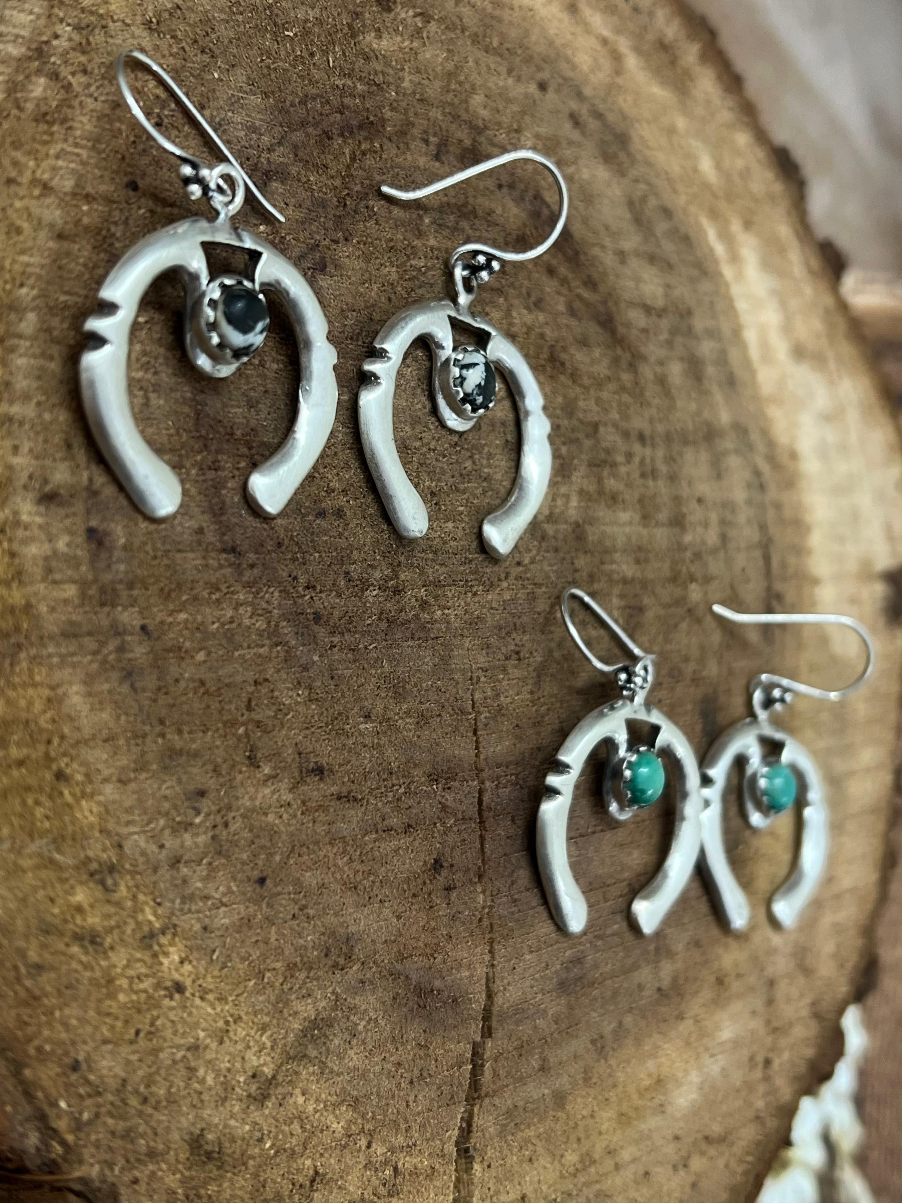 Handmade Sterling Silver Kingman Turquoise, White Buffalo Naja Post Dangle Earrings with Signed Nizhoni