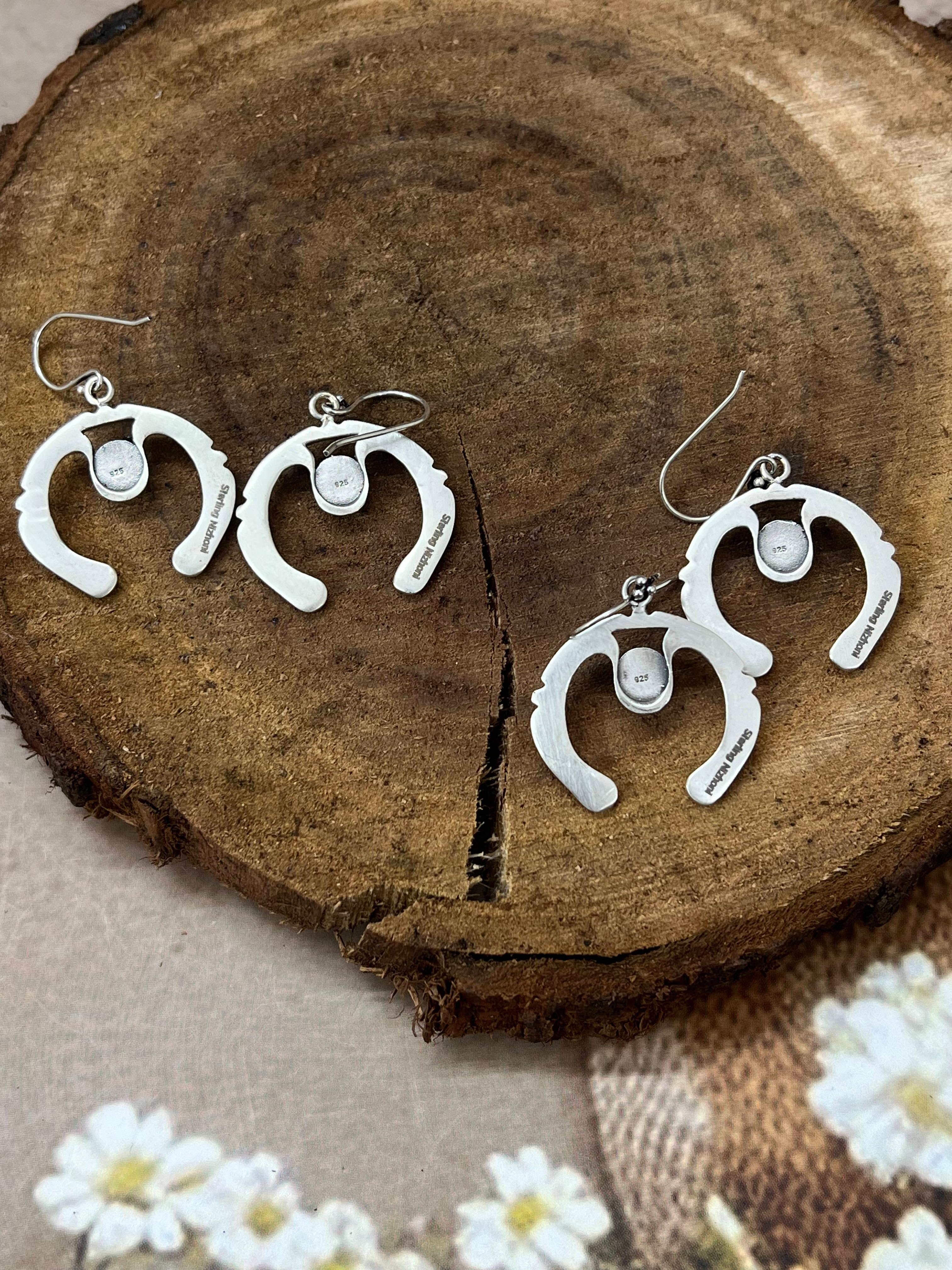 Handmade Sterling Silver Kingman Turquoise, White Buffalo Naja Post Dangle Earrings with Signed Nizhoni