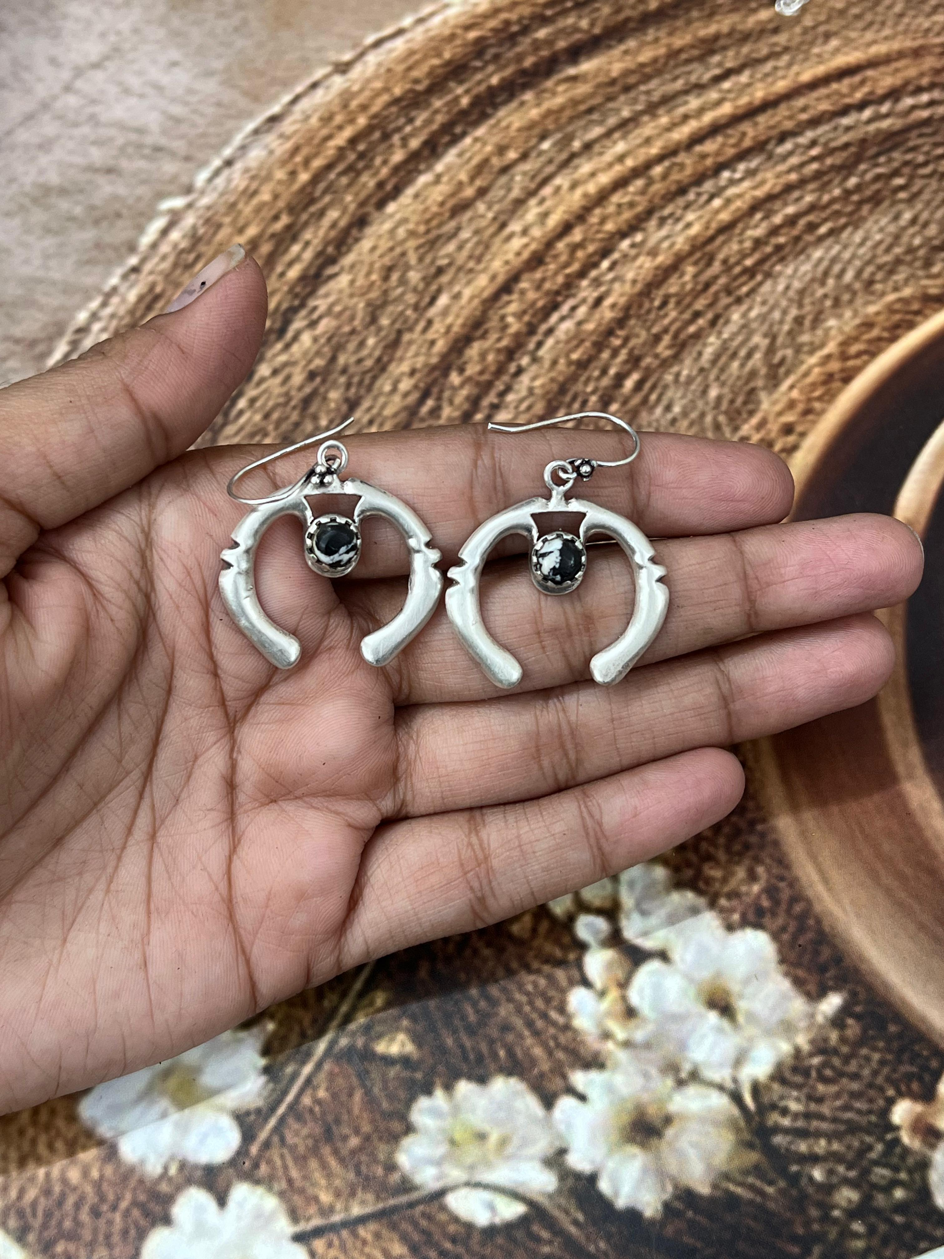 Handmade Sterling Silver Kingman Turquoise, White Buffalo Naja Post Dangle Earrings with Signed Nizhoni