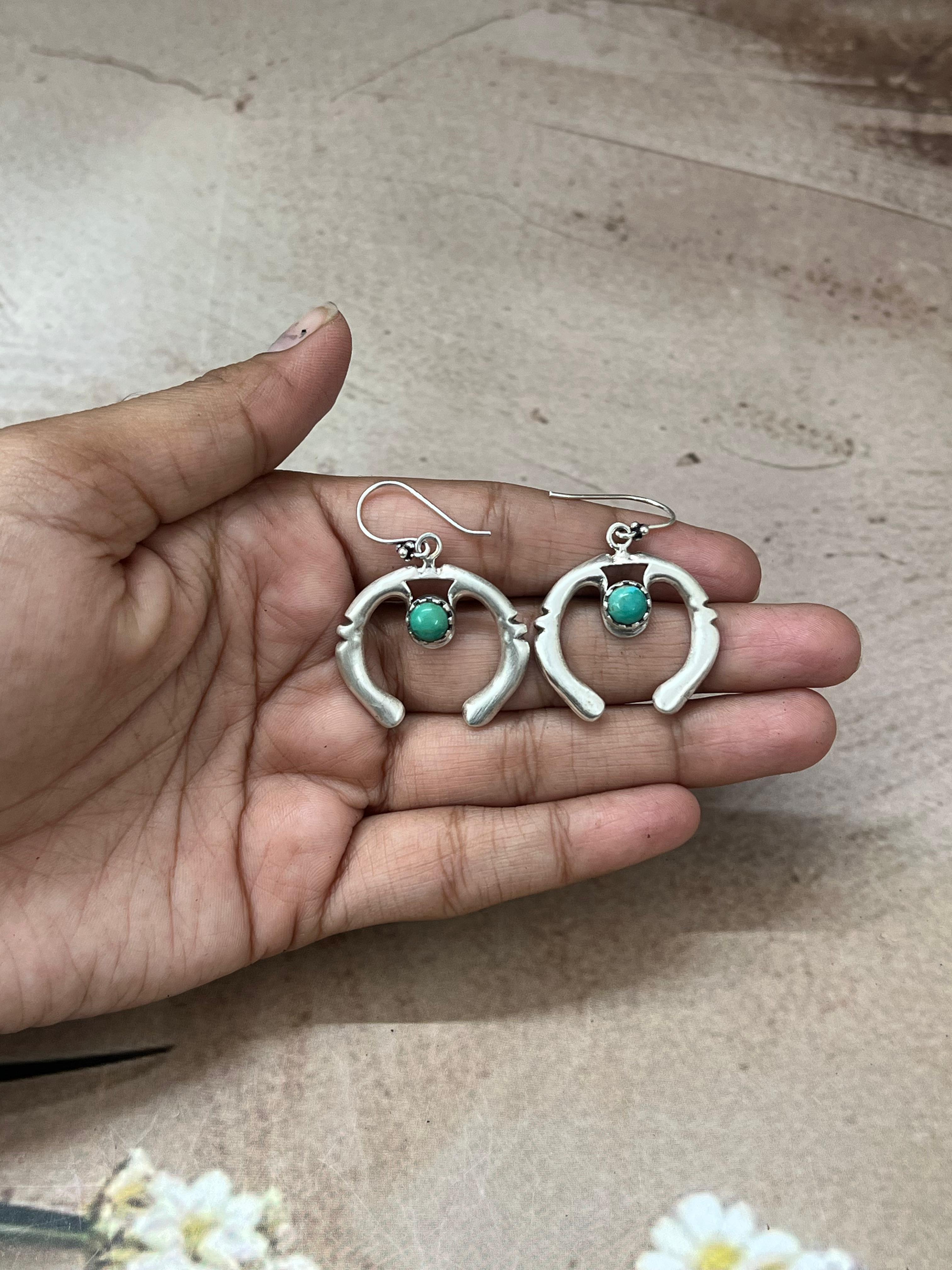 Handmade Sterling Silver Kingman Turquoise, White Buffalo Naja Post Dangle Earrings with Signed Nizhoni