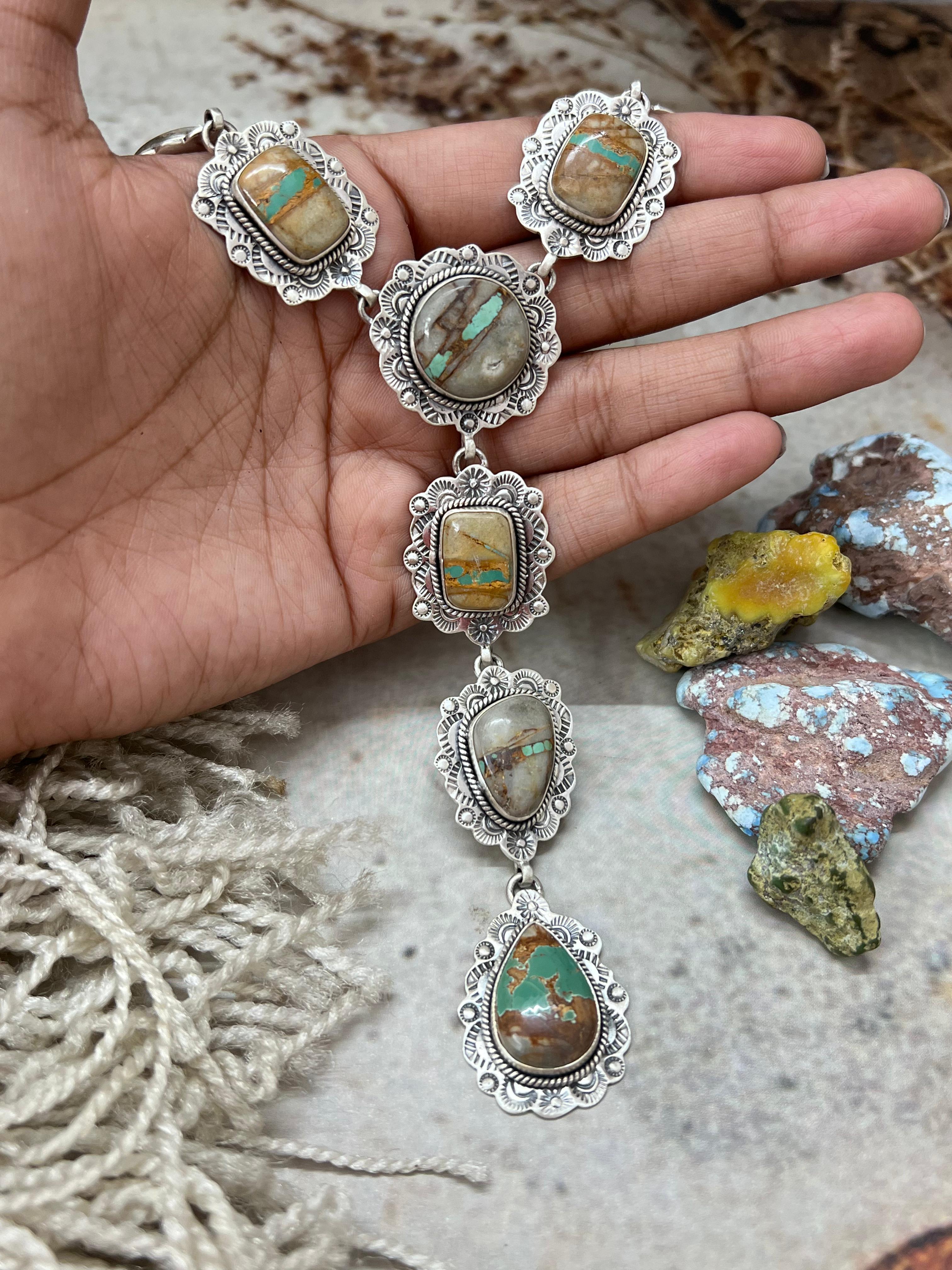 Handmade Sterling Silver Royston Ribbon Turquoise Necklace with Signed Nizhoni