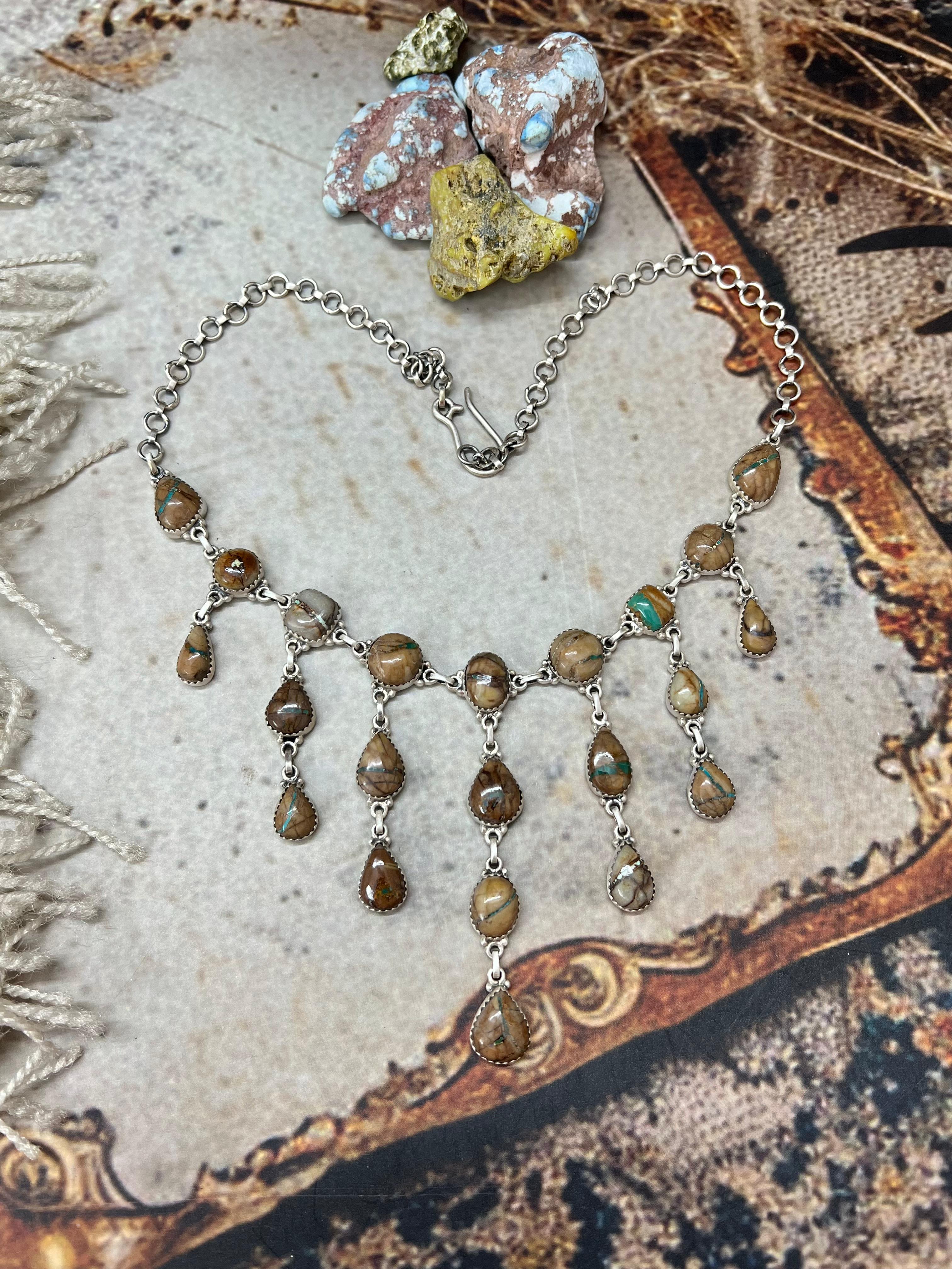 Handmade Sterling Silver Royston Ribbon Turquoise Necklace with Signed Nizhoni