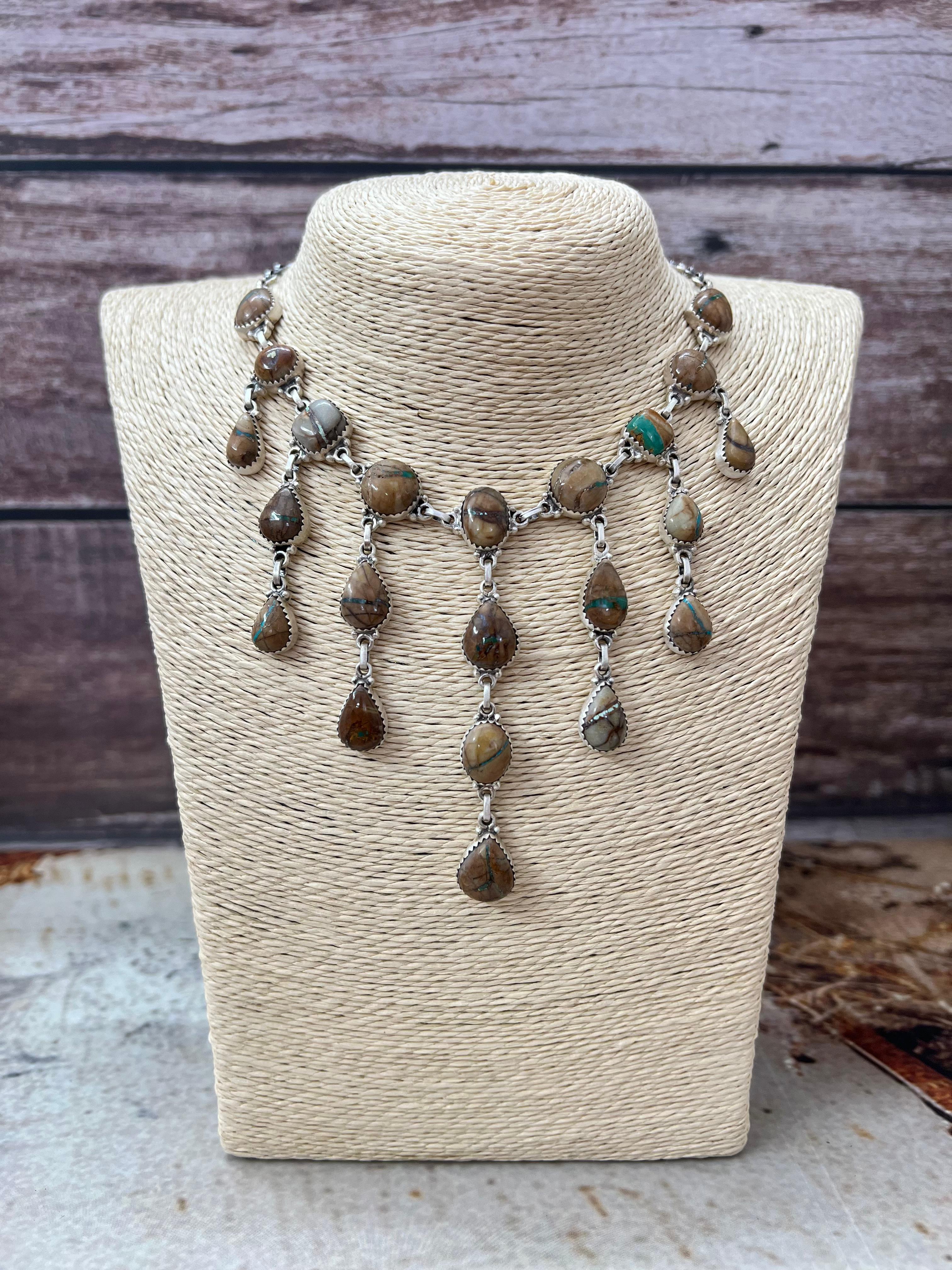 Handmade Sterling Silver Royston Ribbon Turquoise Necklace with Signed Nizhoni