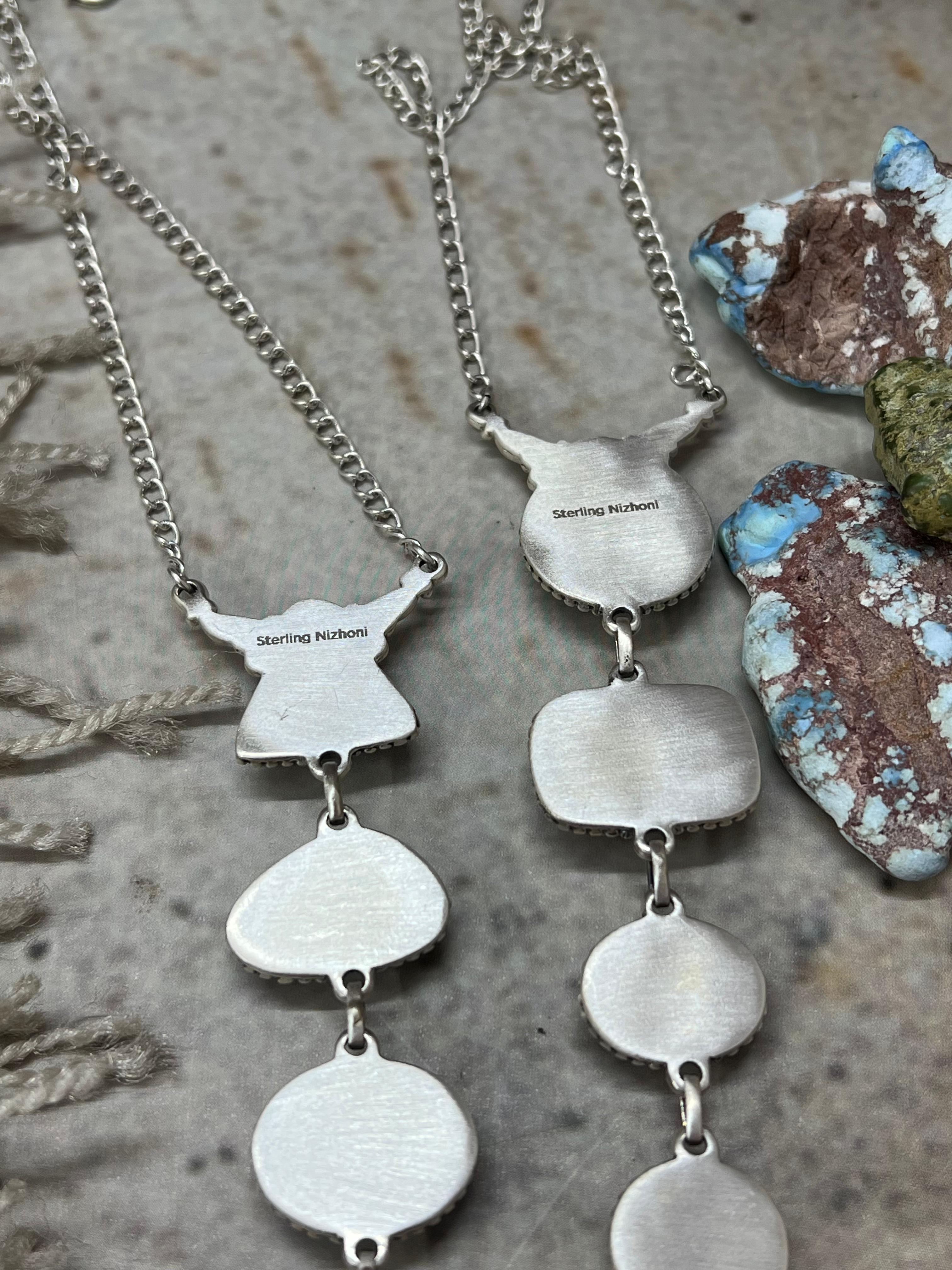 Handmade Sterling Silver Royston Ribbon Turquoise Necklace with Signed Nizhoni