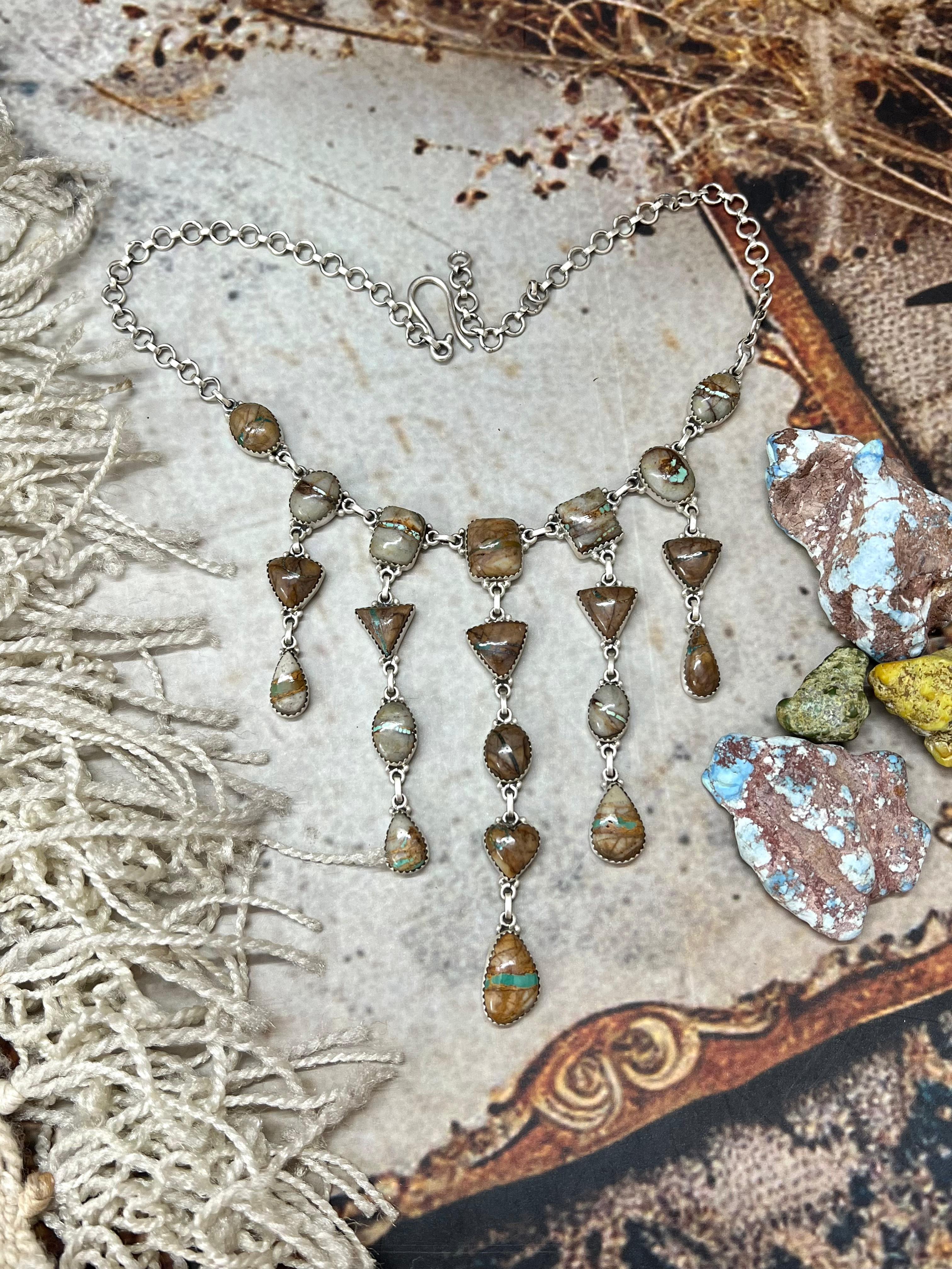 Handmade Sterling Silver Royston Ribbon Turquoise Necklace with Signed Nizhoni