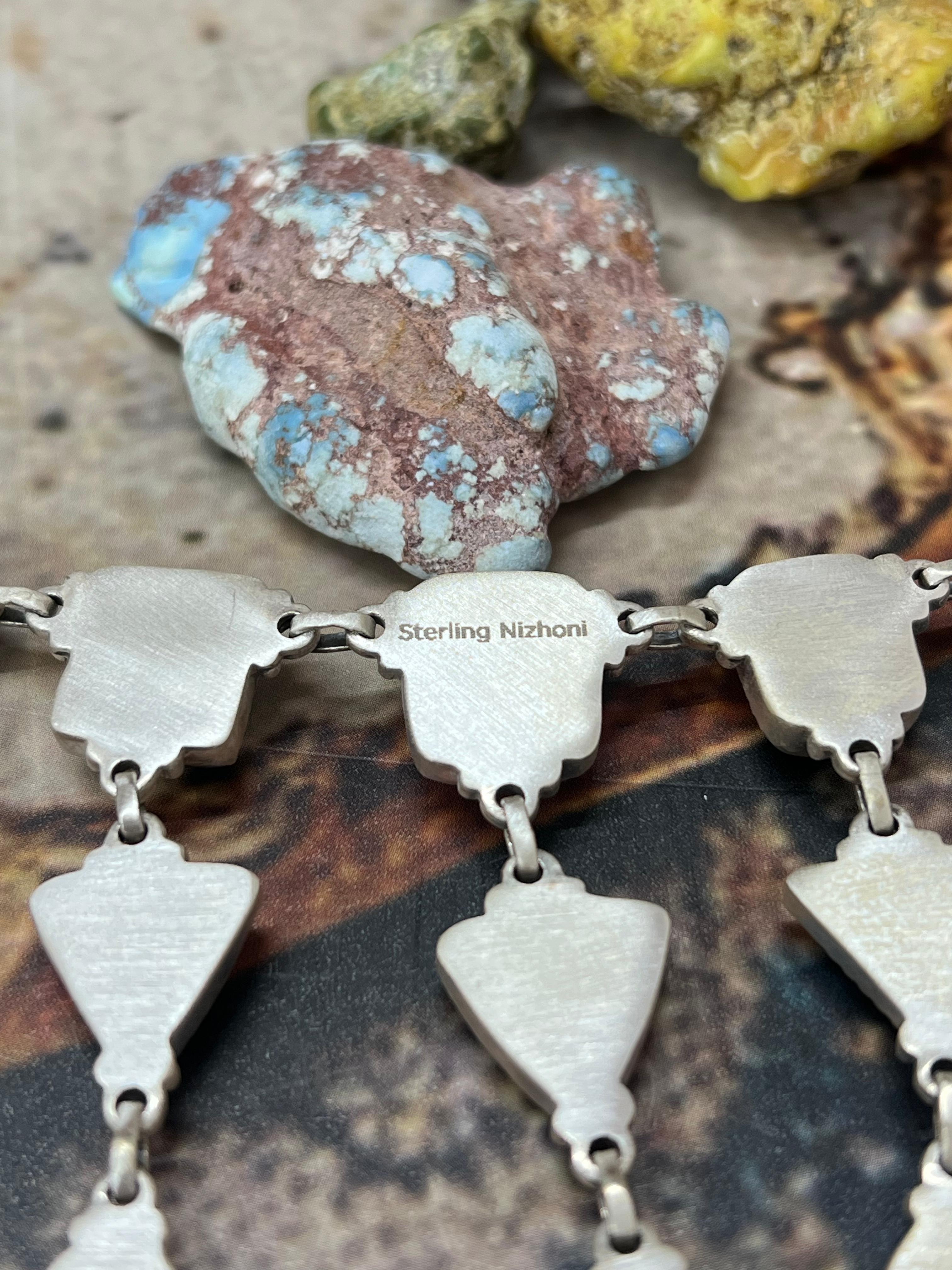 Handmade Sterling Silver Royston Ribbon Turquoise Necklace with Signed Nizhoni