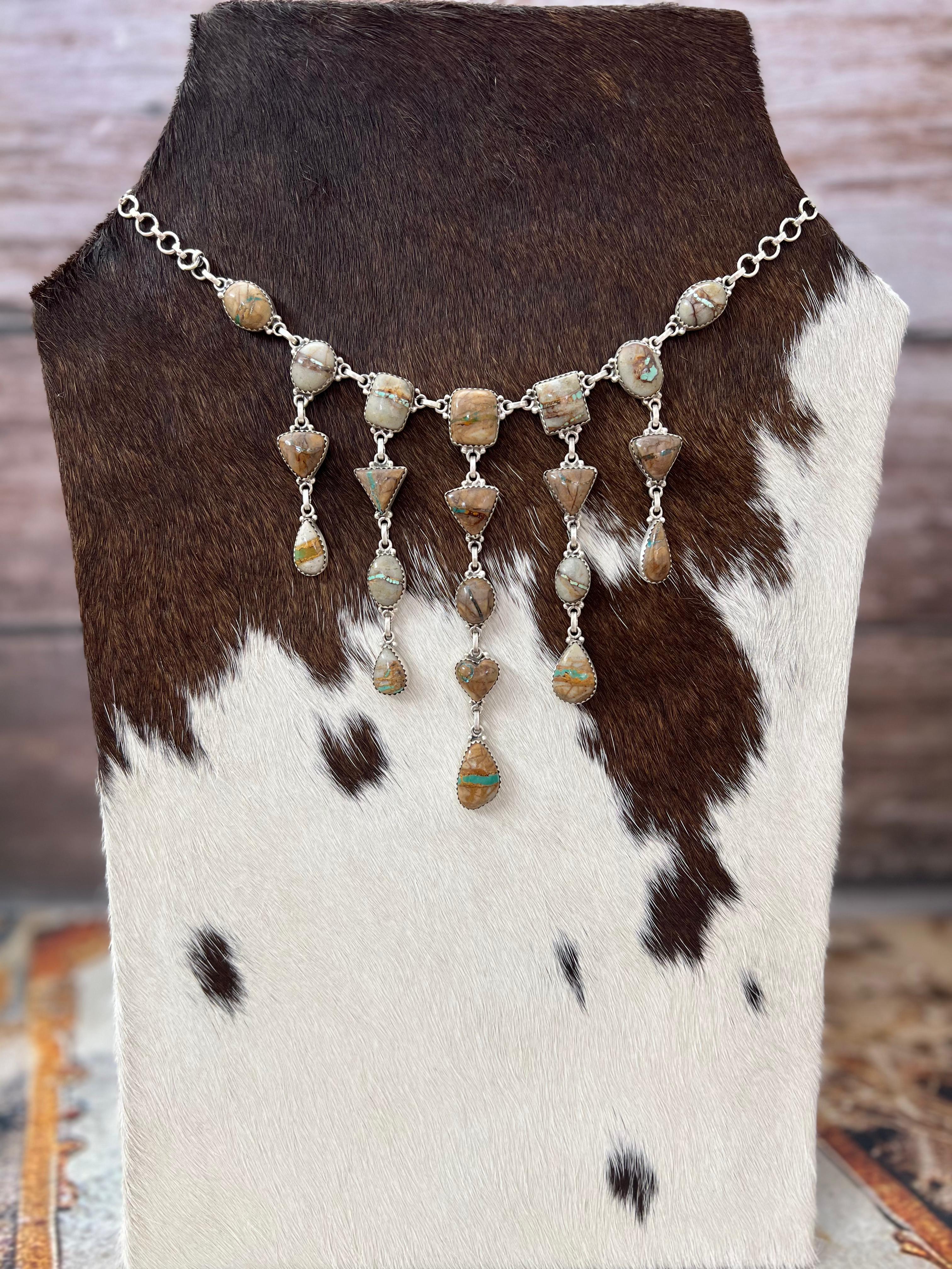 Handmade Sterling Silver Royston Ribbon Turquoise Necklace with Signed Nizhoni