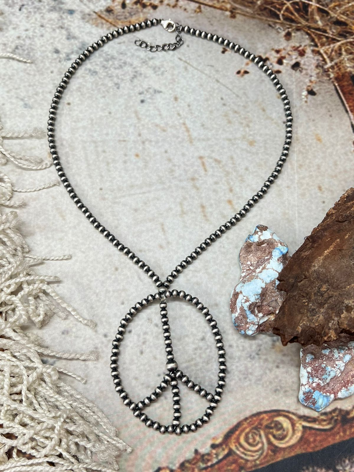 Handmade Sterling Silver PEACE SIGN Beaded Necklace "Signed Nizhoni"