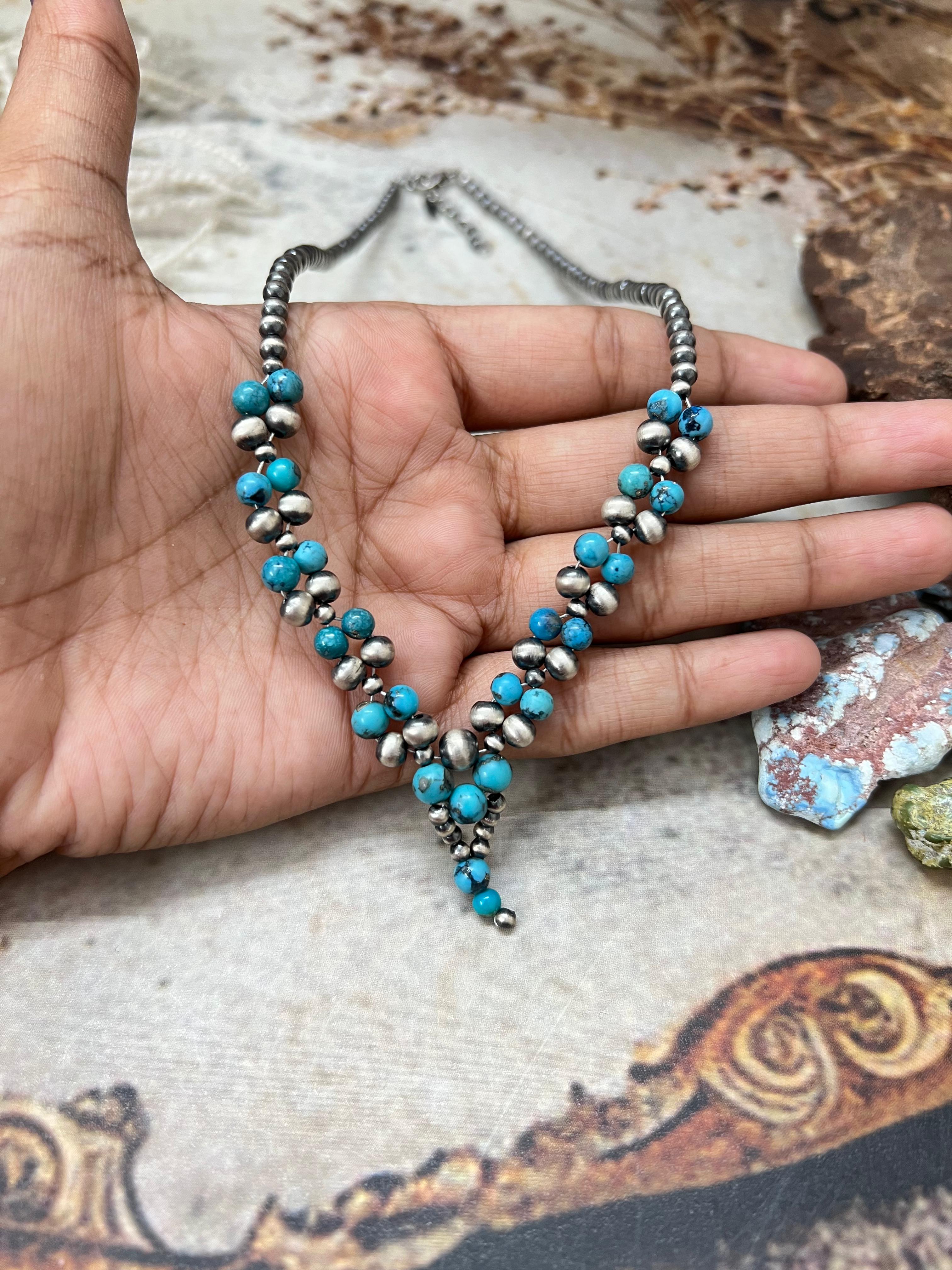 Handmade Sterling Silver Kingman Turquoise Beaded Necklace with Signed Nizhoni