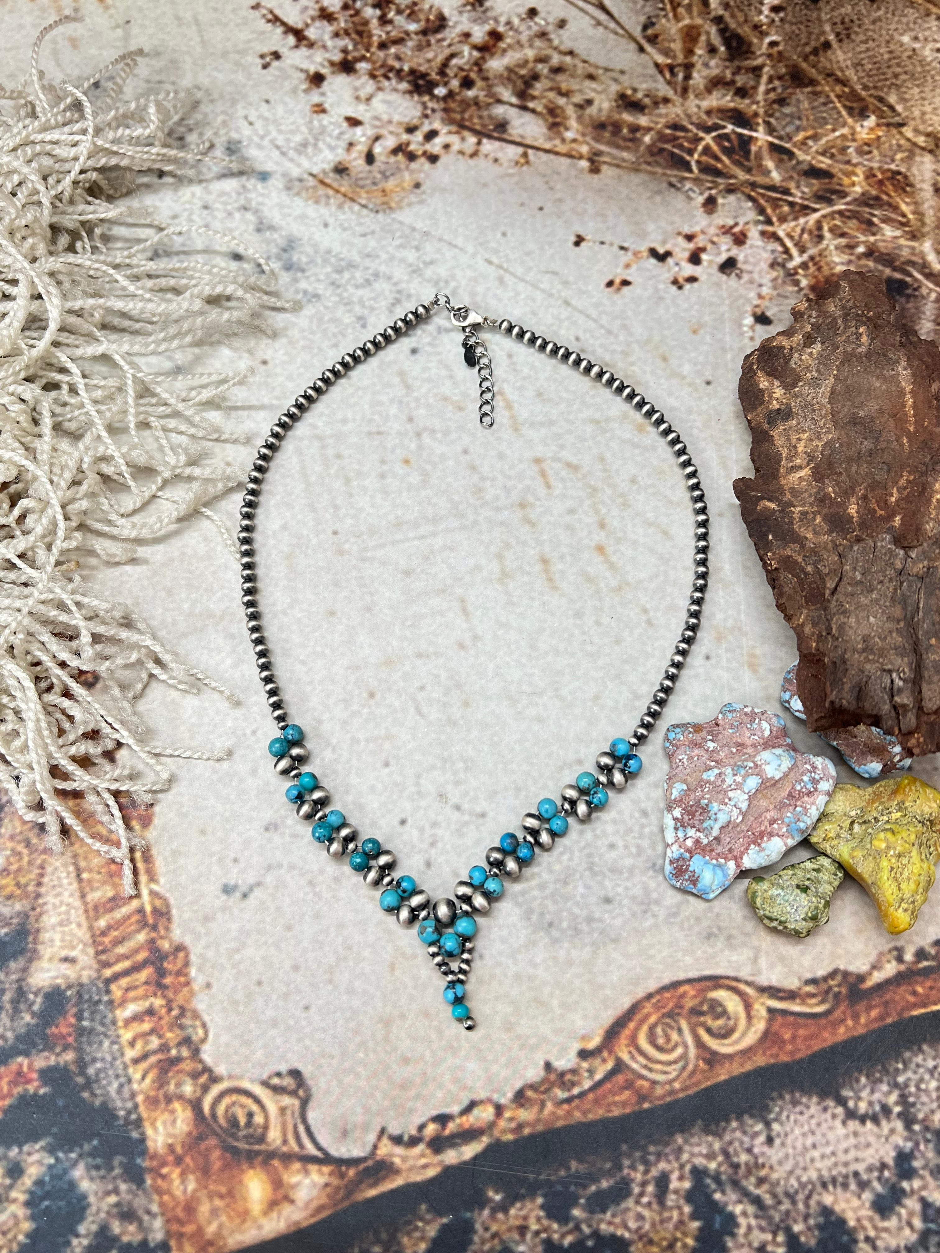 Handmade Sterling Silver Kingman Turquoise Beaded Necklace with Signed Nizhoni