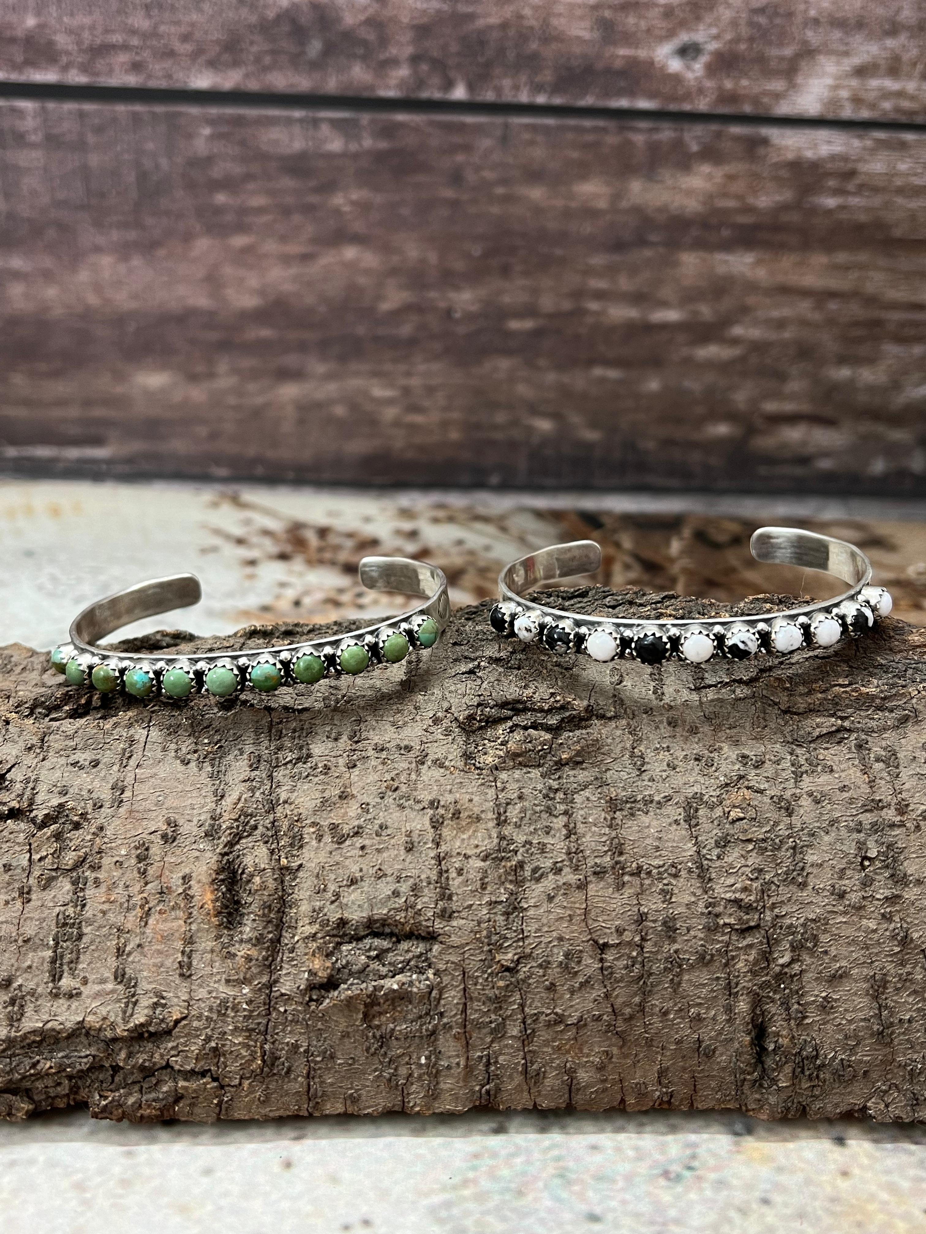 Handmade Sterling Silver White Buffalo, Kingman Turquoise Bracelet with Signed Nizhoni