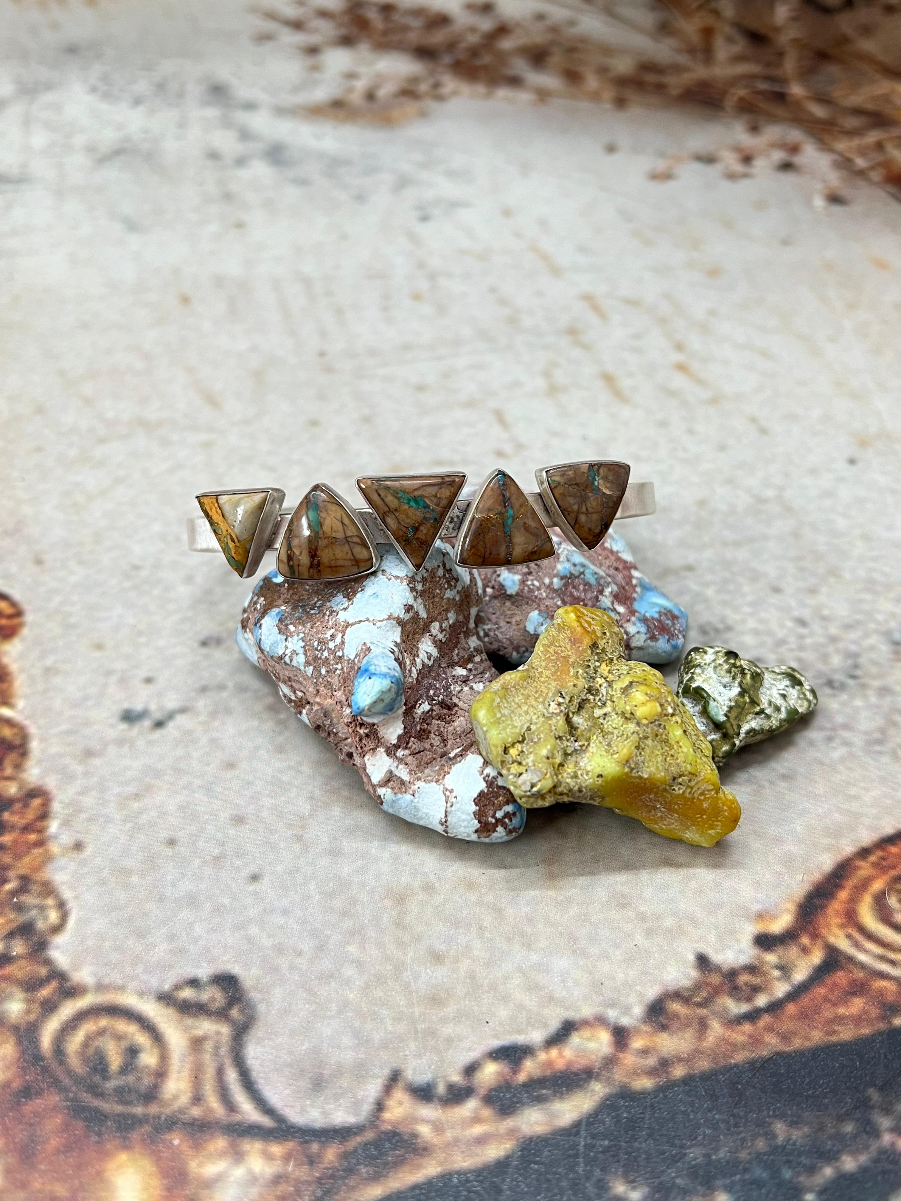 Handmade Sterling Silver Royston Ribbon Turquoise Bracelet with Signed Nizhoni