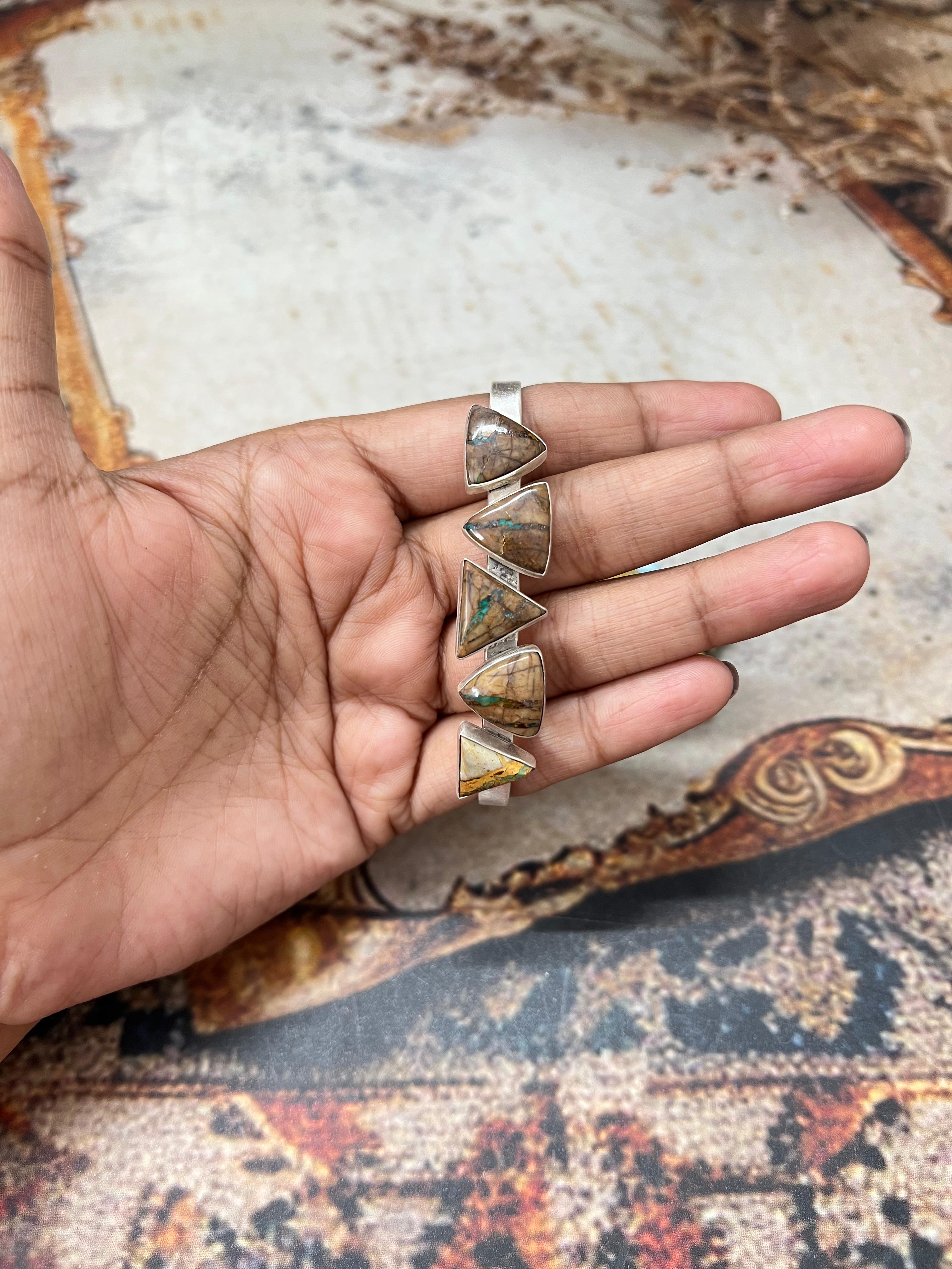 Handmade Sterling Silver Royston Ribbon Turquoise Bracelet with Signed Nizhoni