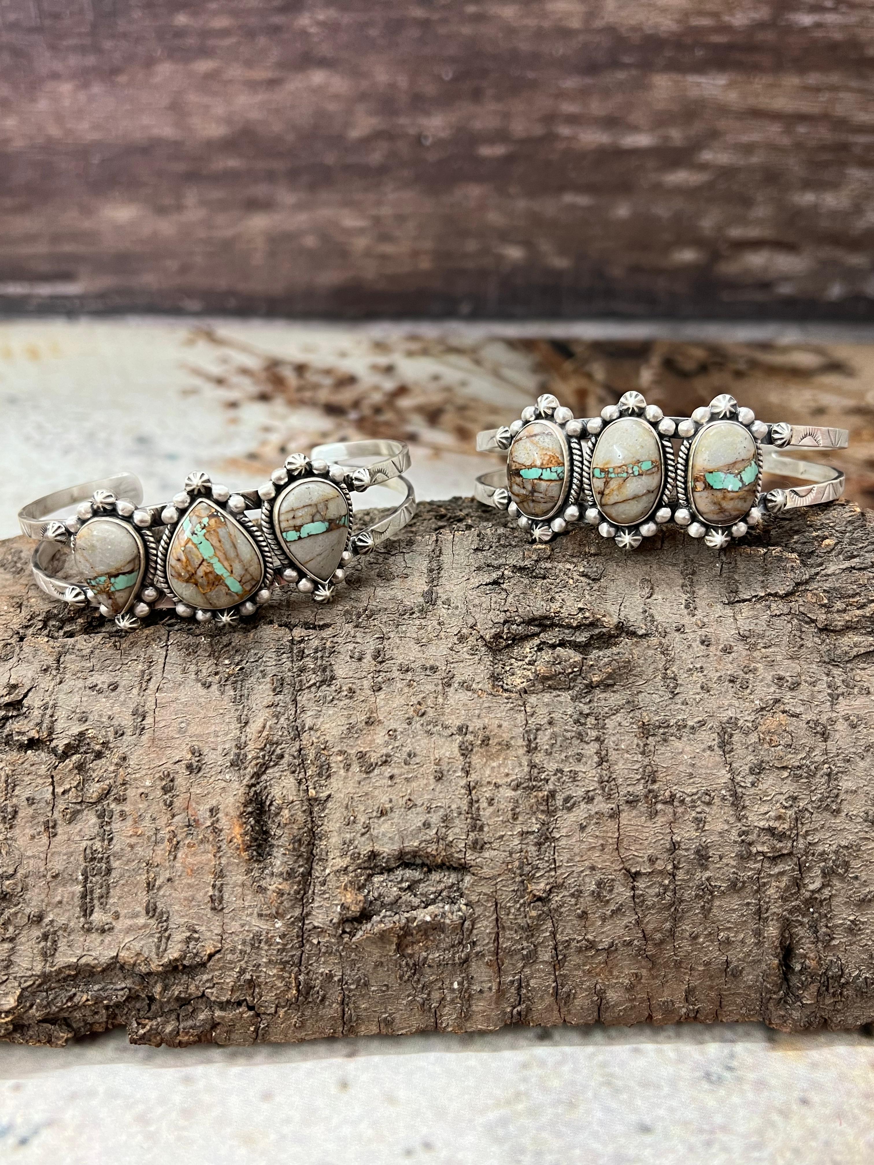 Handmade Sterling Silver Royston Ribbon Turquoise Bracelet with Signed Nizhoni