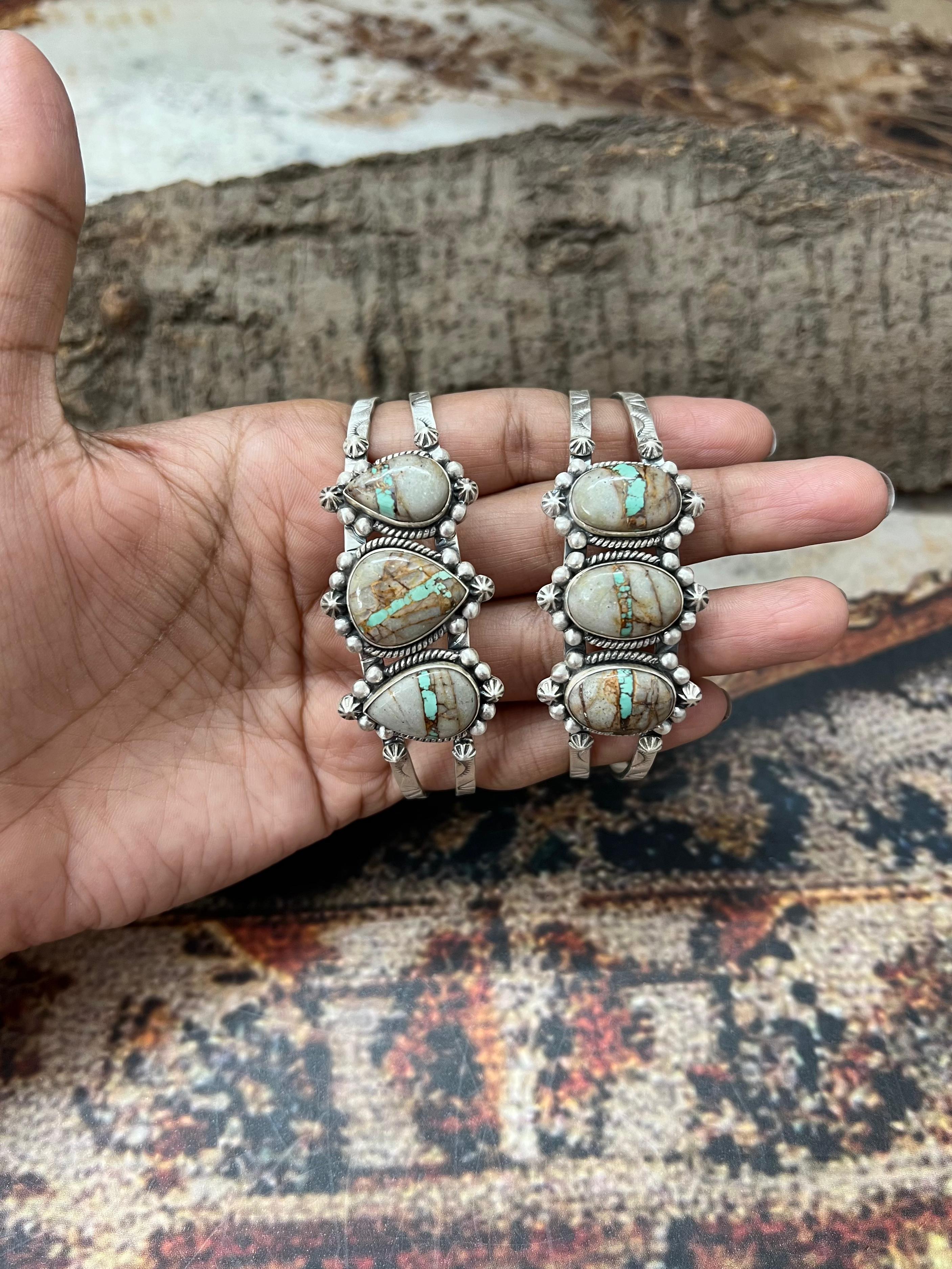 Handmade Sterling Silver Royston Ribbon Turquoise Bracelet with Signed Nizhoni