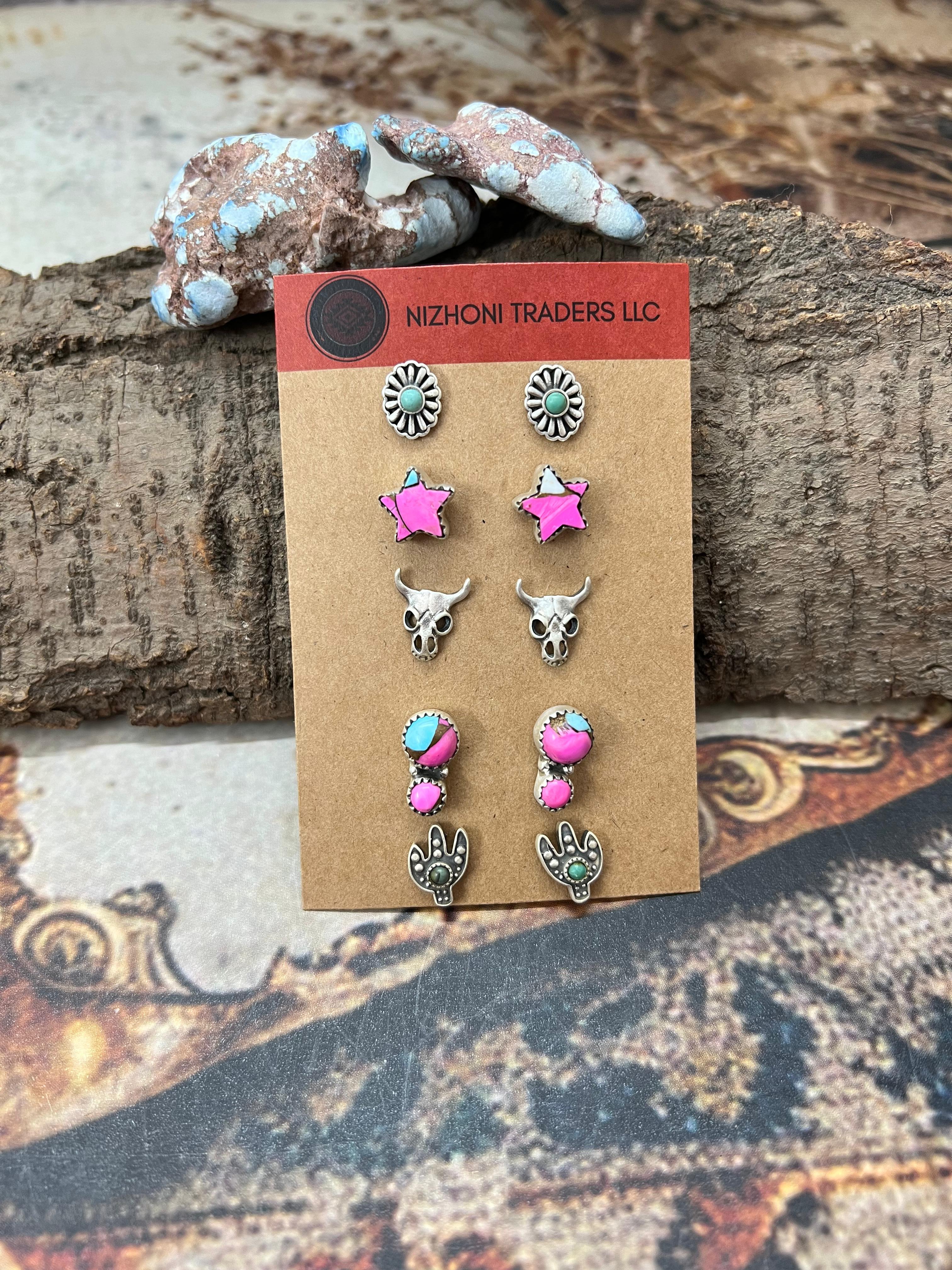 Handmade Sterling Silver Cotton Candy Post (Studs) Earrings Set with Signed Nizhoni