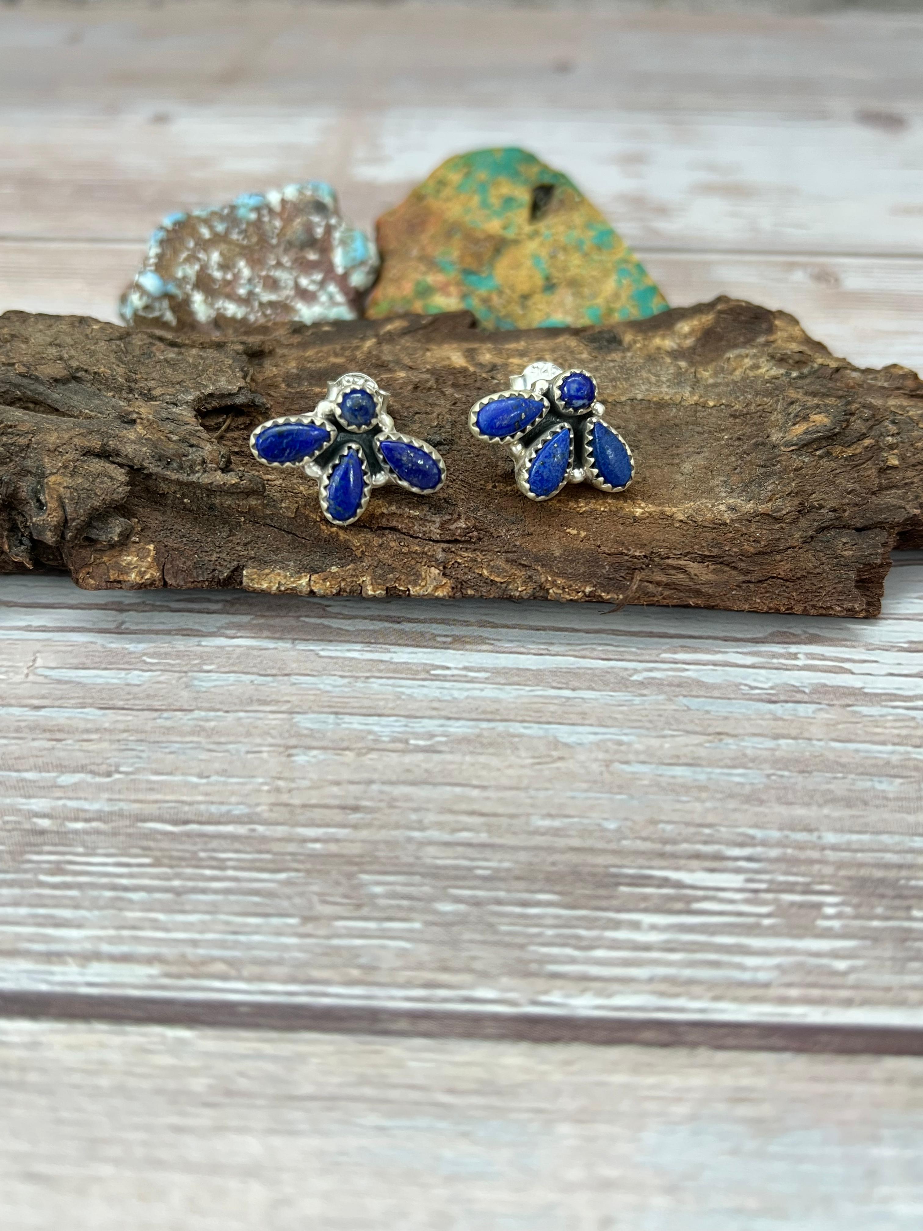 Handmade Sterling Silver Lapis Post Studs with Signed Nizhoni