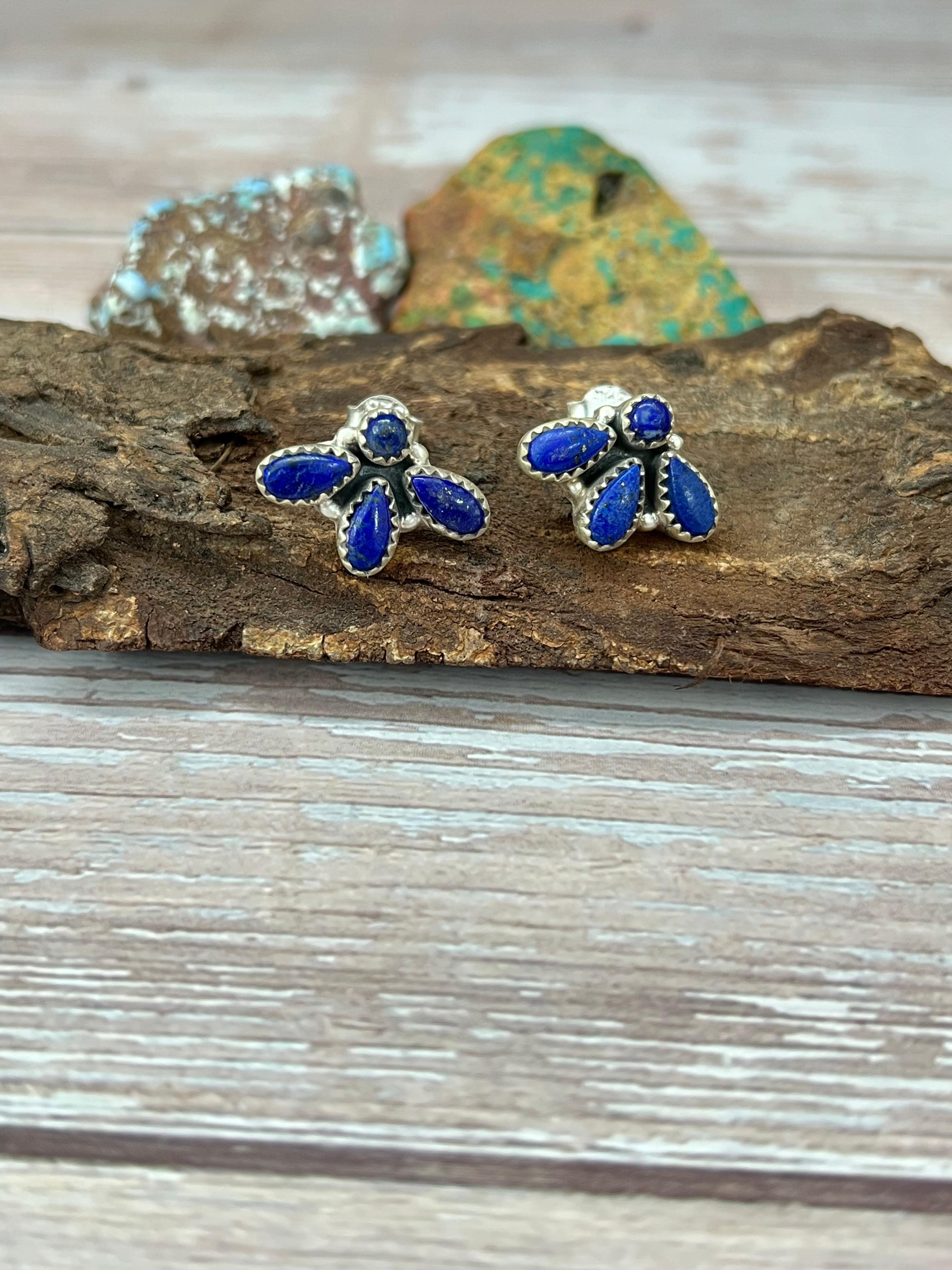 Handmade Sterling Silver Lapis Post Studs with Signed Nizhoni
