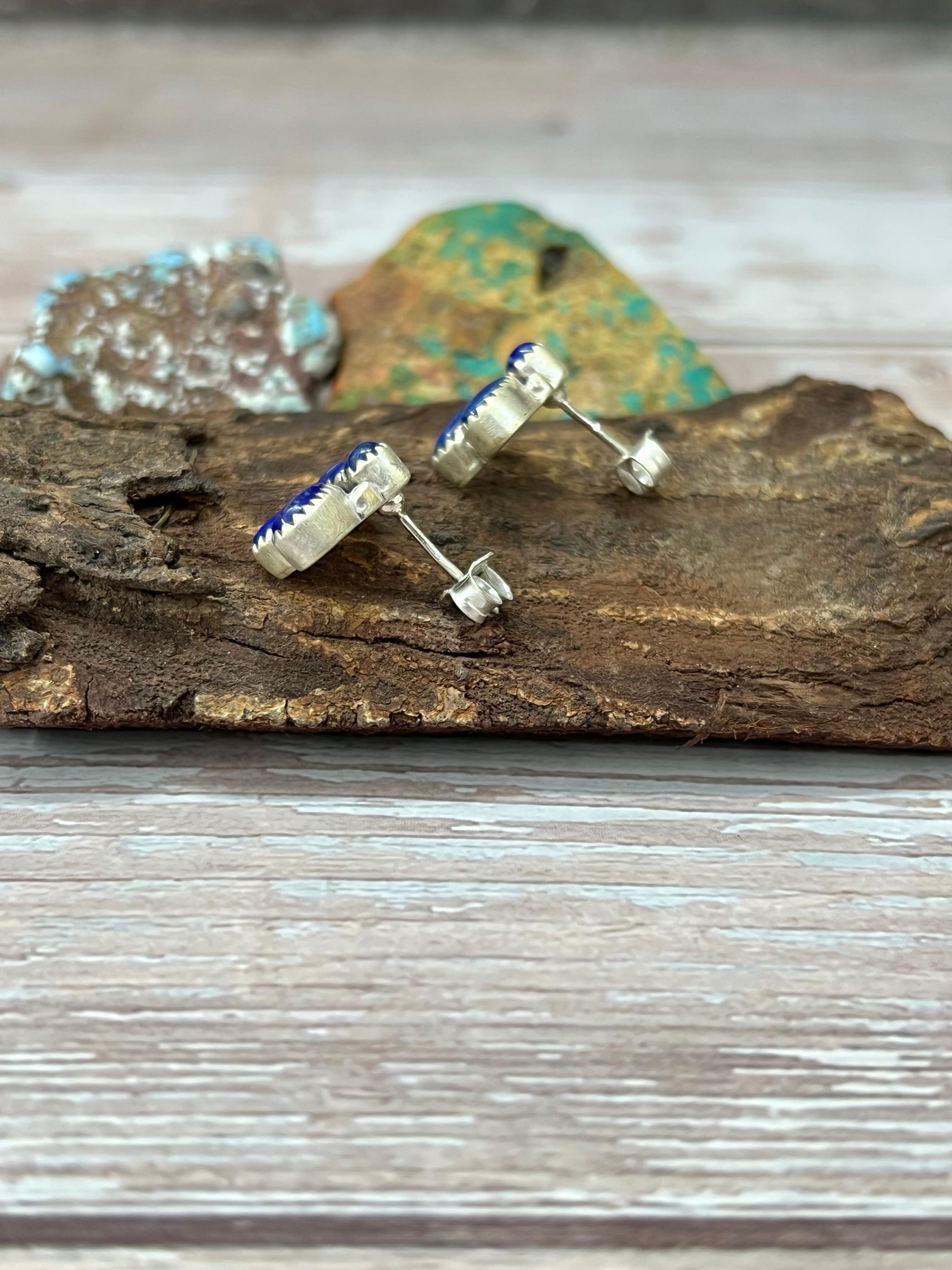 Handmade Sterling Silver Lapis Post Studs with Signed Nizhoni