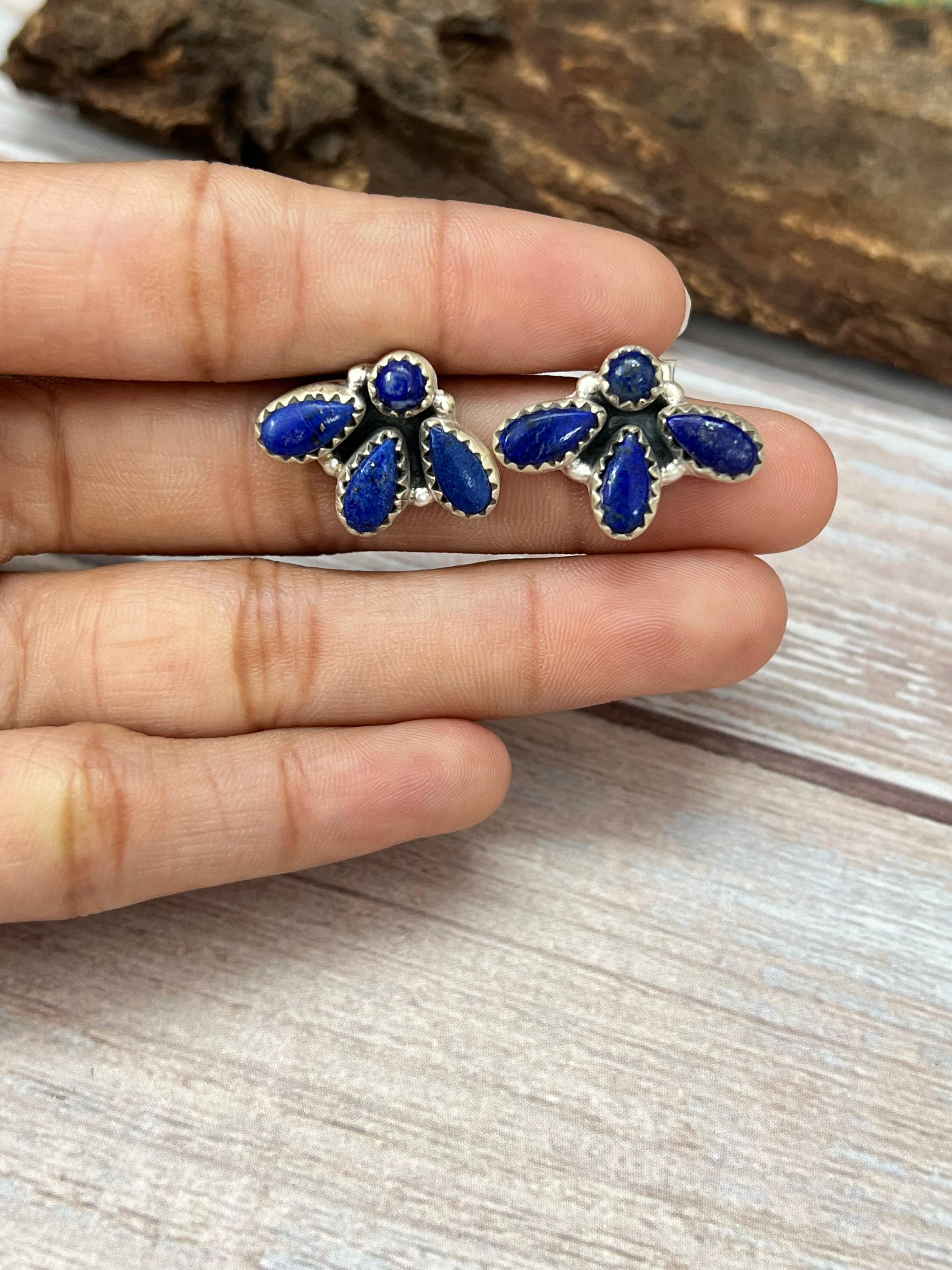 Handmade Sterling Silver Lapis Post Studs with Signed Nizhoni