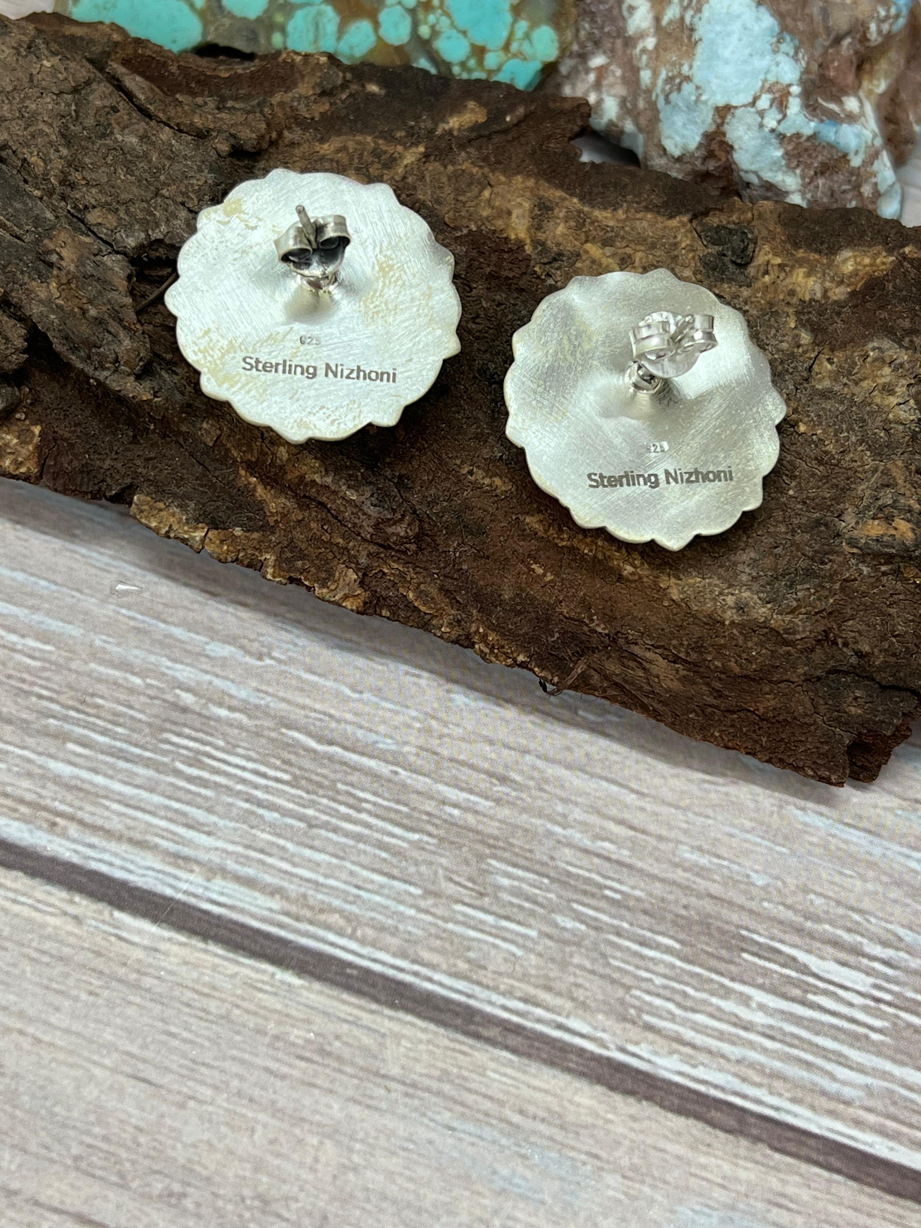 Handmade Sterling Silver Number 8 Turquoise Post Studs with Signed Nizhoni