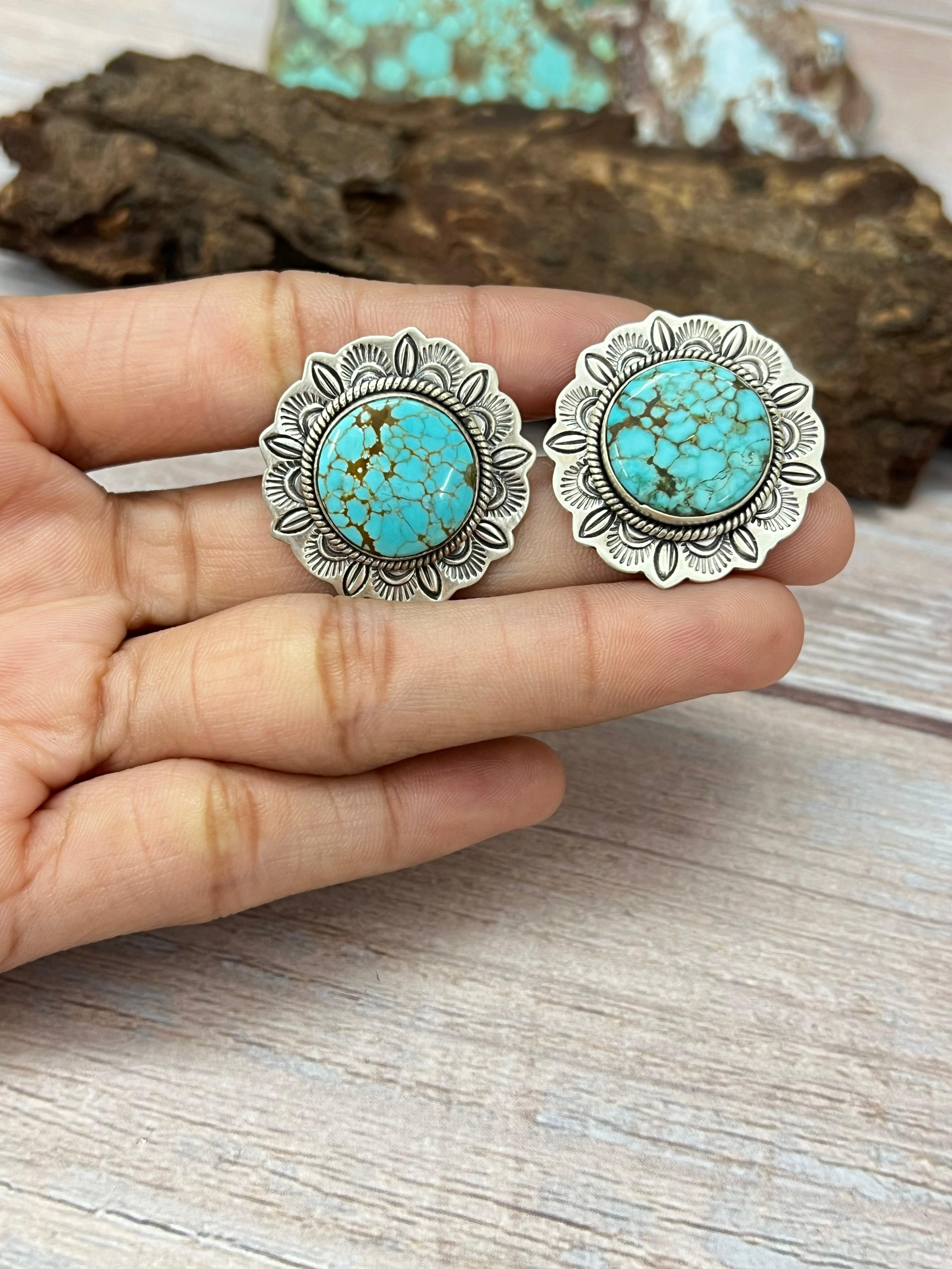 Handmade Sterling Silver Number 8 Turquoise Post Studs with Signed Nizhoni