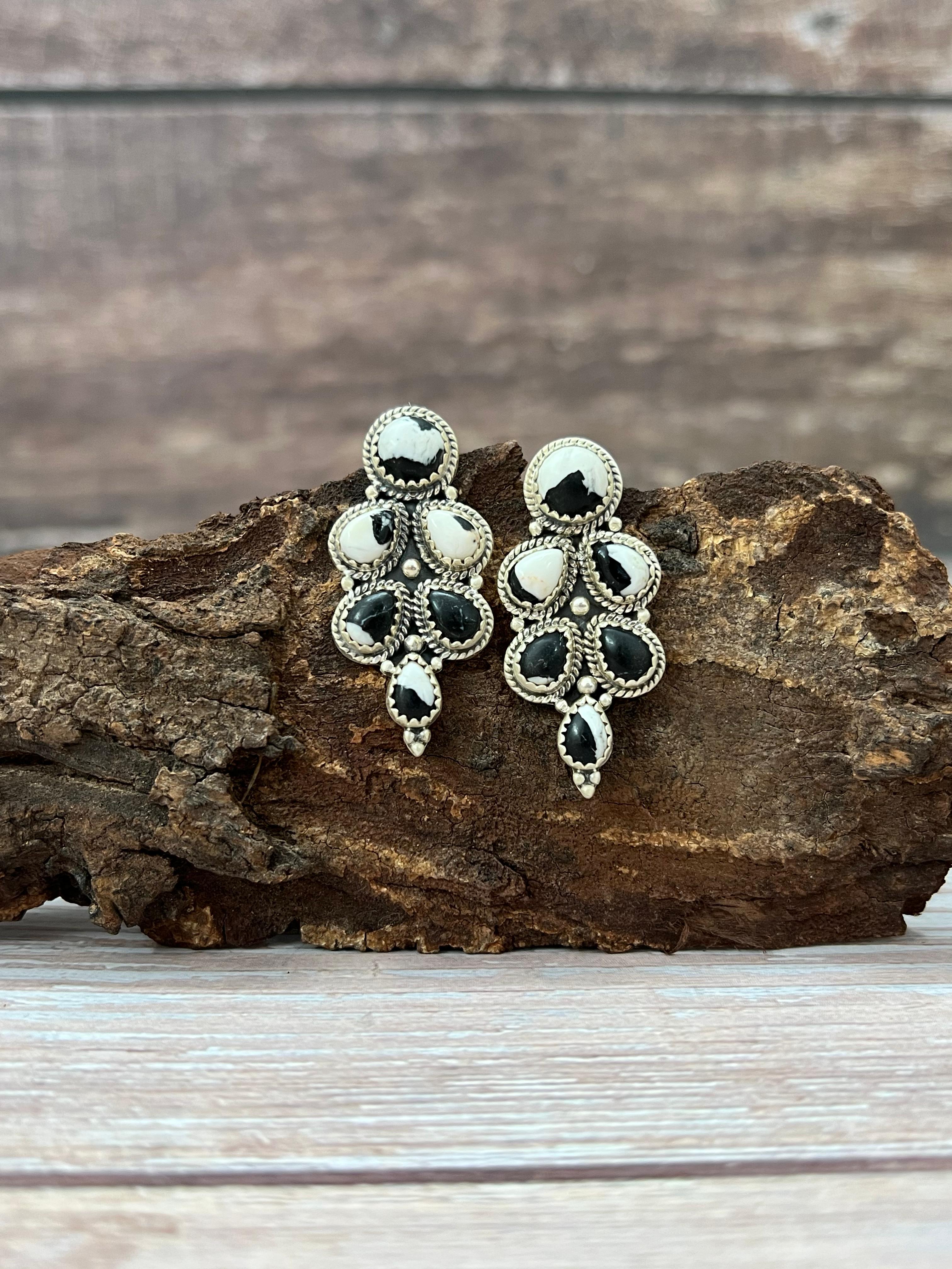 Handmade Sterling Silver White Buffalo Post Earrings with Signed Nizhoni