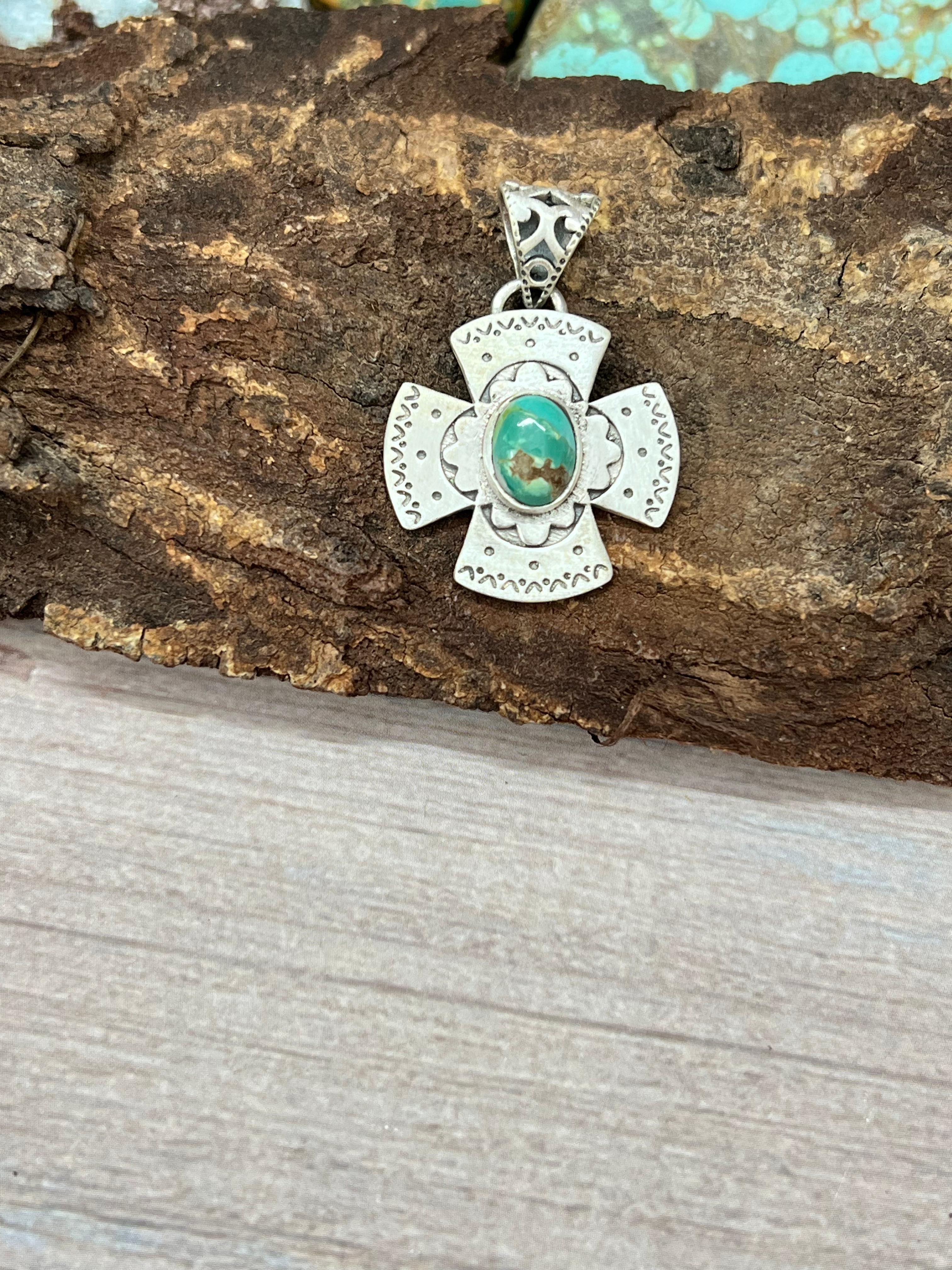 Handmade Sterling Silver Kingman Turquoise Pendant with Signed Nizhoni