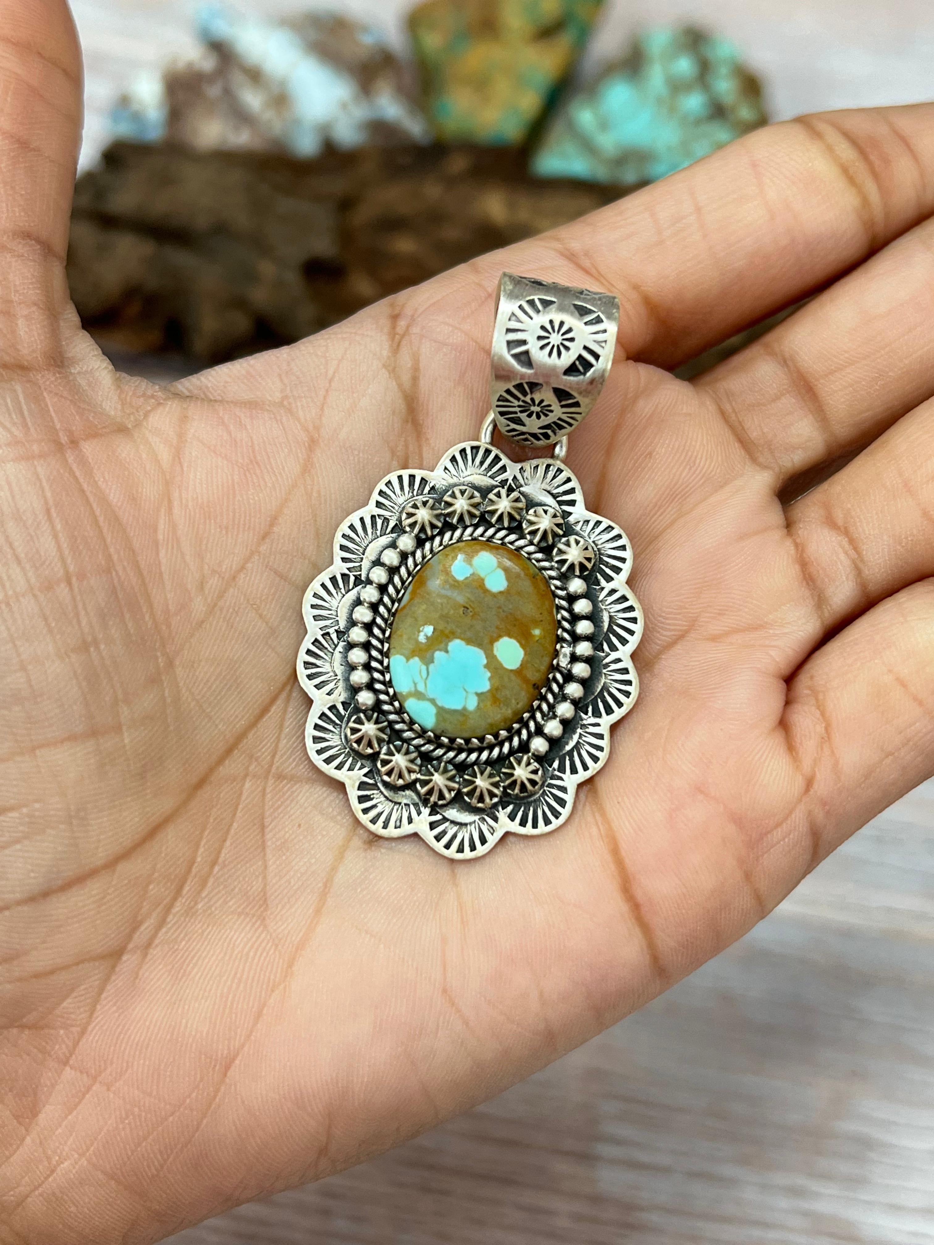 Handmade Sterling Silver Number 8 Turquoise Pendant with Signed Nizhoni